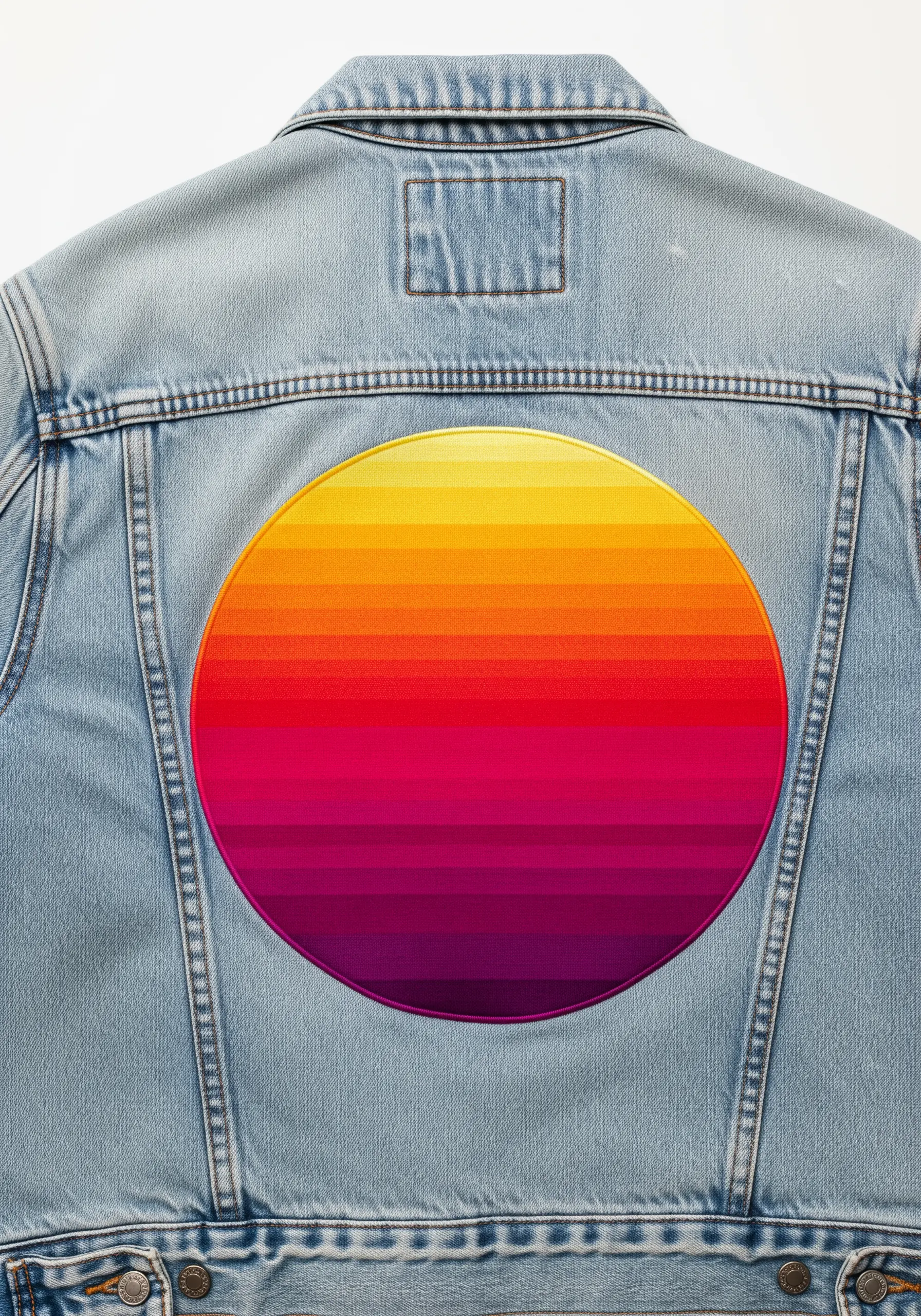 A large circular patch on a denim jacket with a smooth yellow-to-purple horizontal gradient.