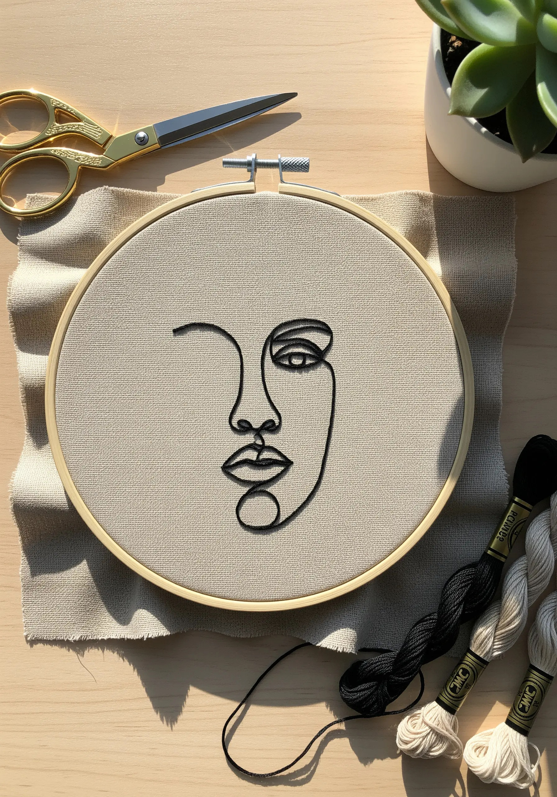Abstract face embroidered in black thread on neutral fabric using a thick, raised line stitch.