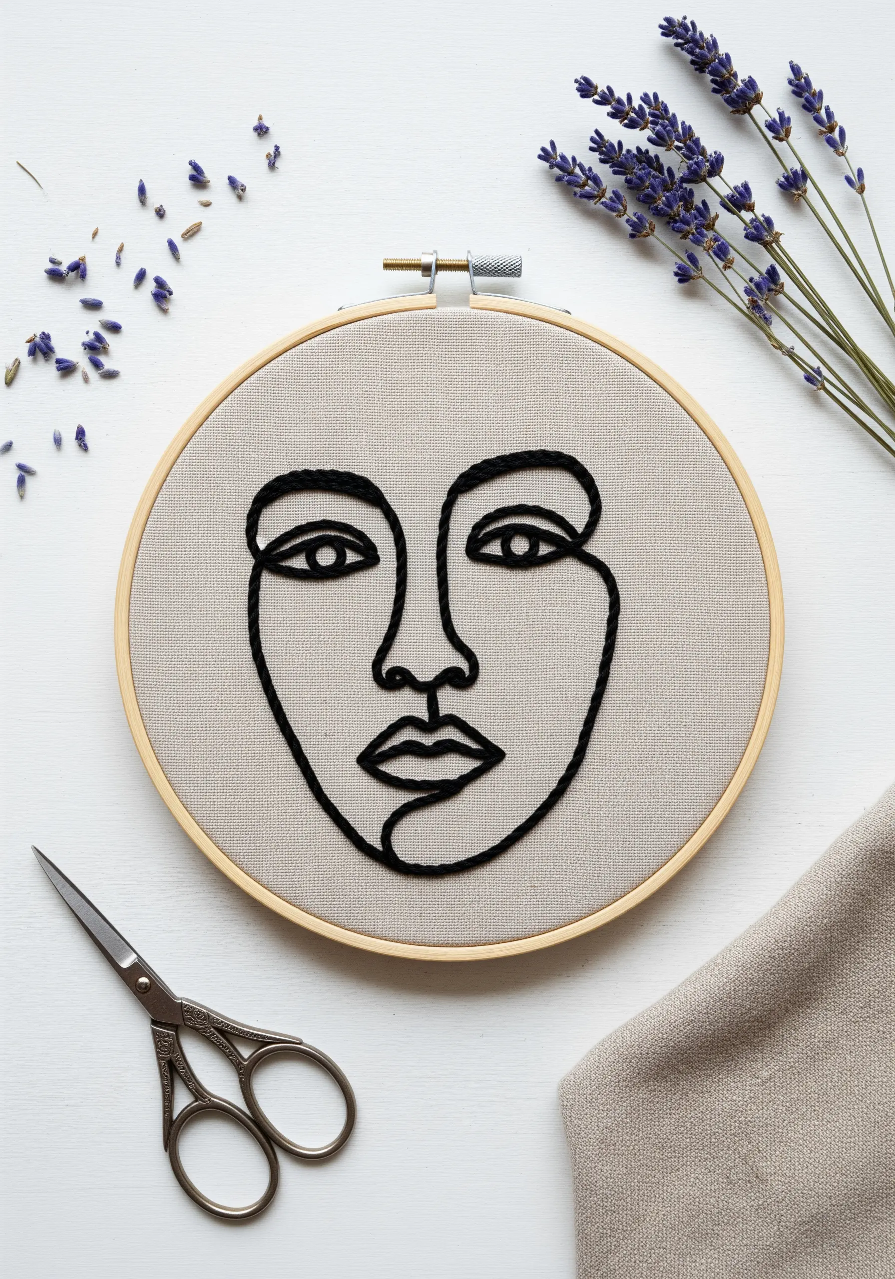 Bold black thread embroidery of a single-line abstract face on neutral linen.