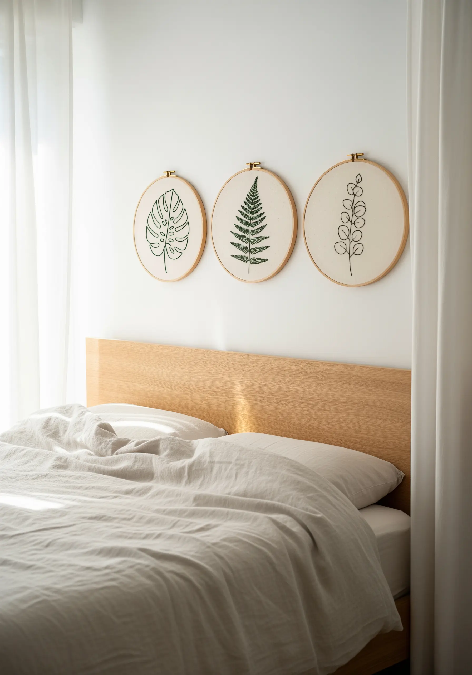 Three minimalist embroidery hoops with green leaf outlines hanging above a bed.