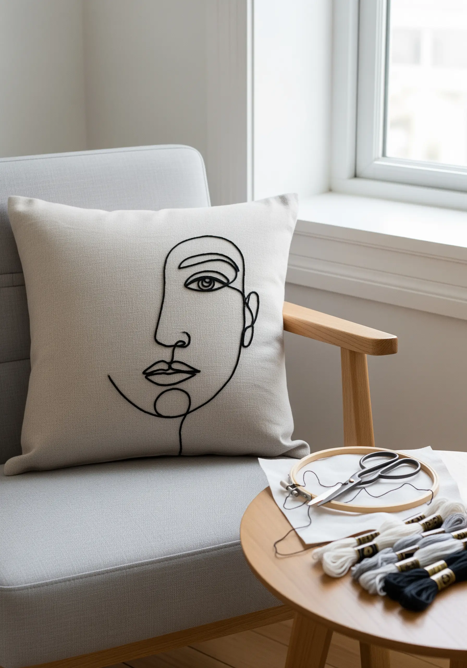 Minimalist single-line face portrait embroidered in black thread on a beige cushion.