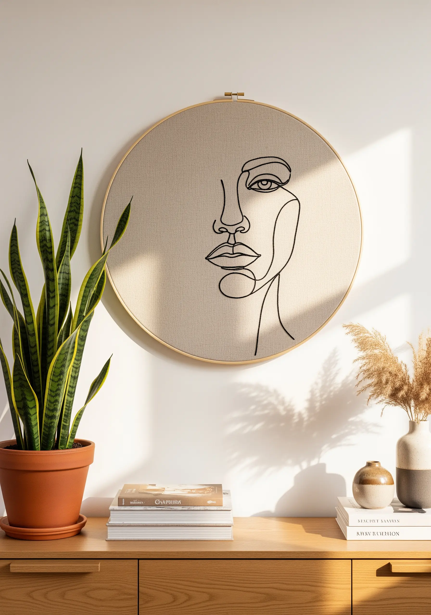 Minimalist single-line face embroidered in a large hoop on oatmeal linen fabric.