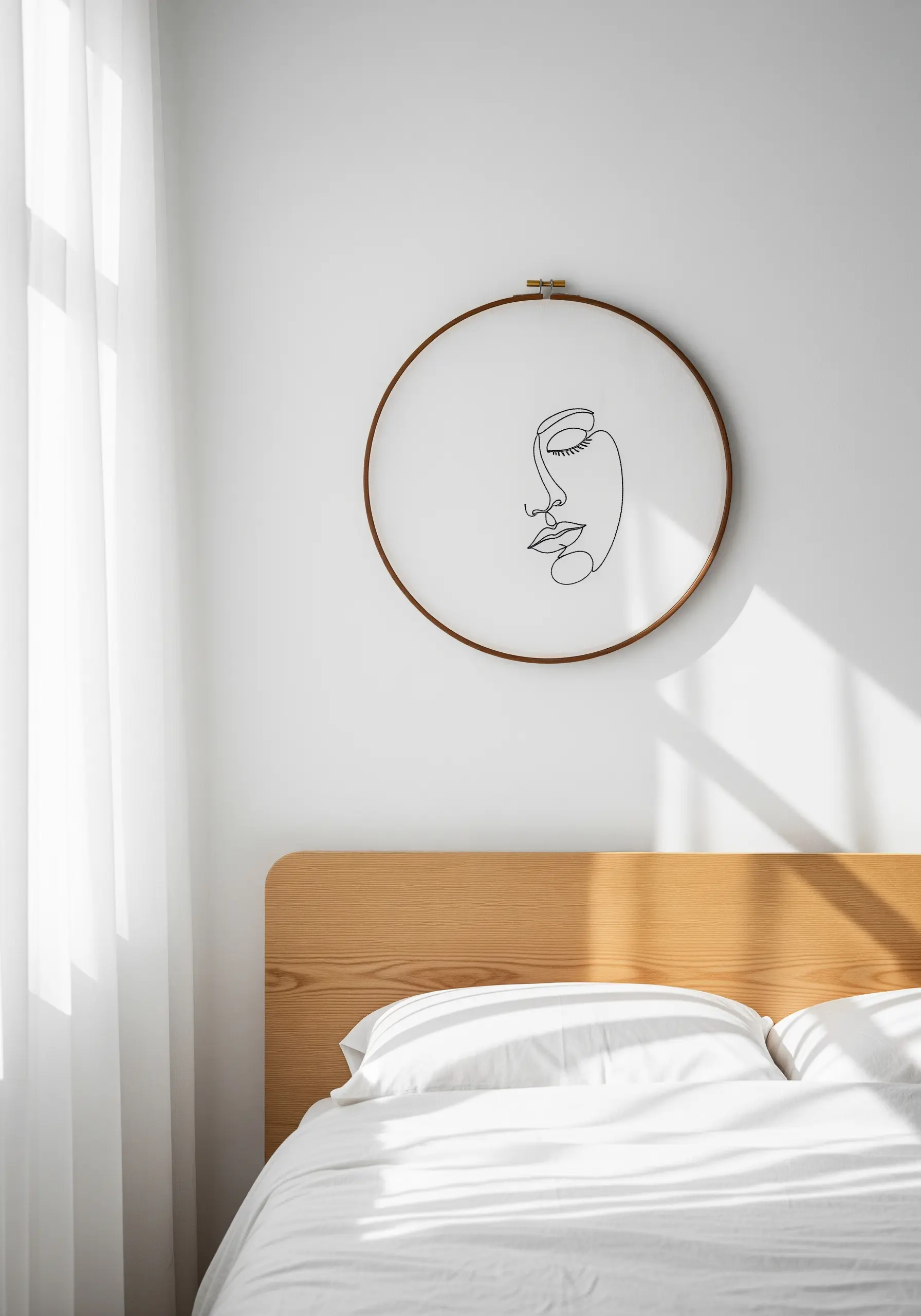 Minimalist single-line face portrait embroidered in black thread on a white background.