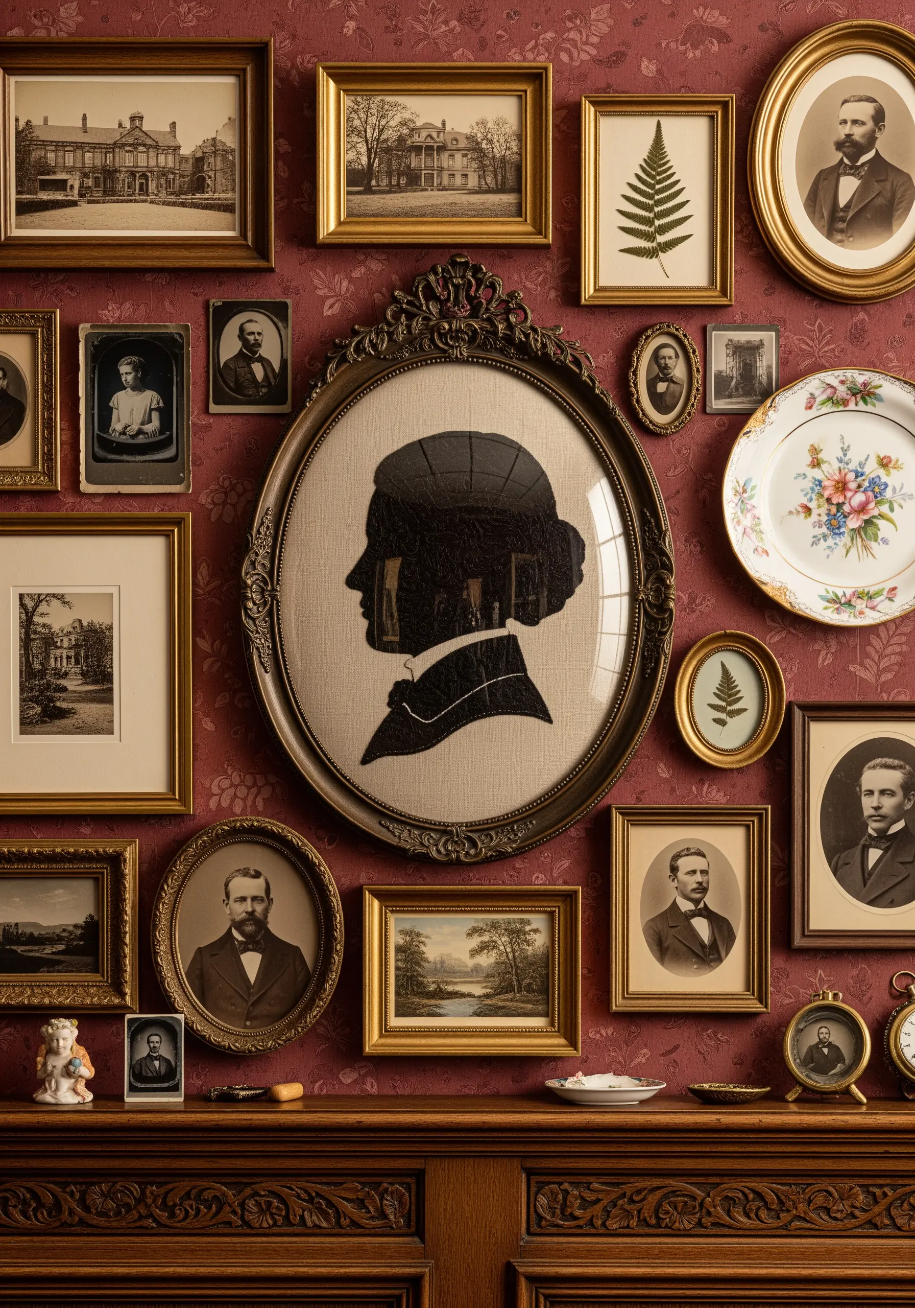 A black embroidered silhouette of a woman's head in a large, ornate oval frame.