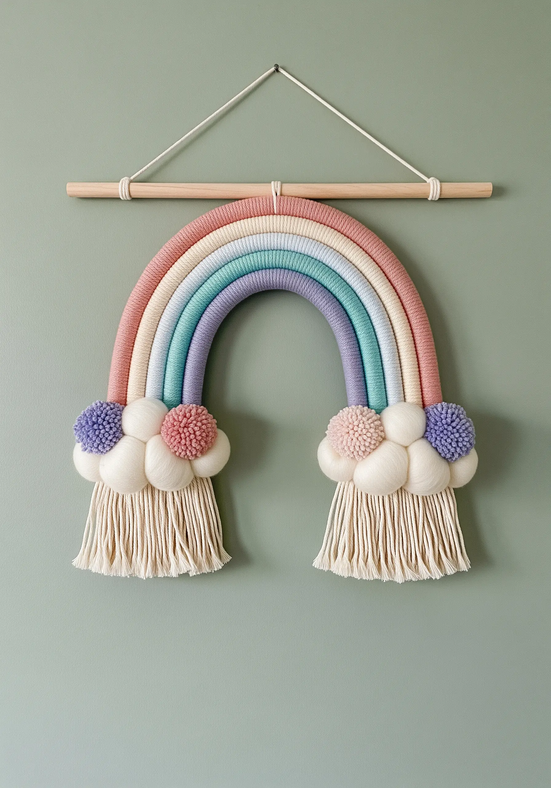 A tightly wrapped fiber rainbow with pastel yarn arches and fluffy pompom clouds.