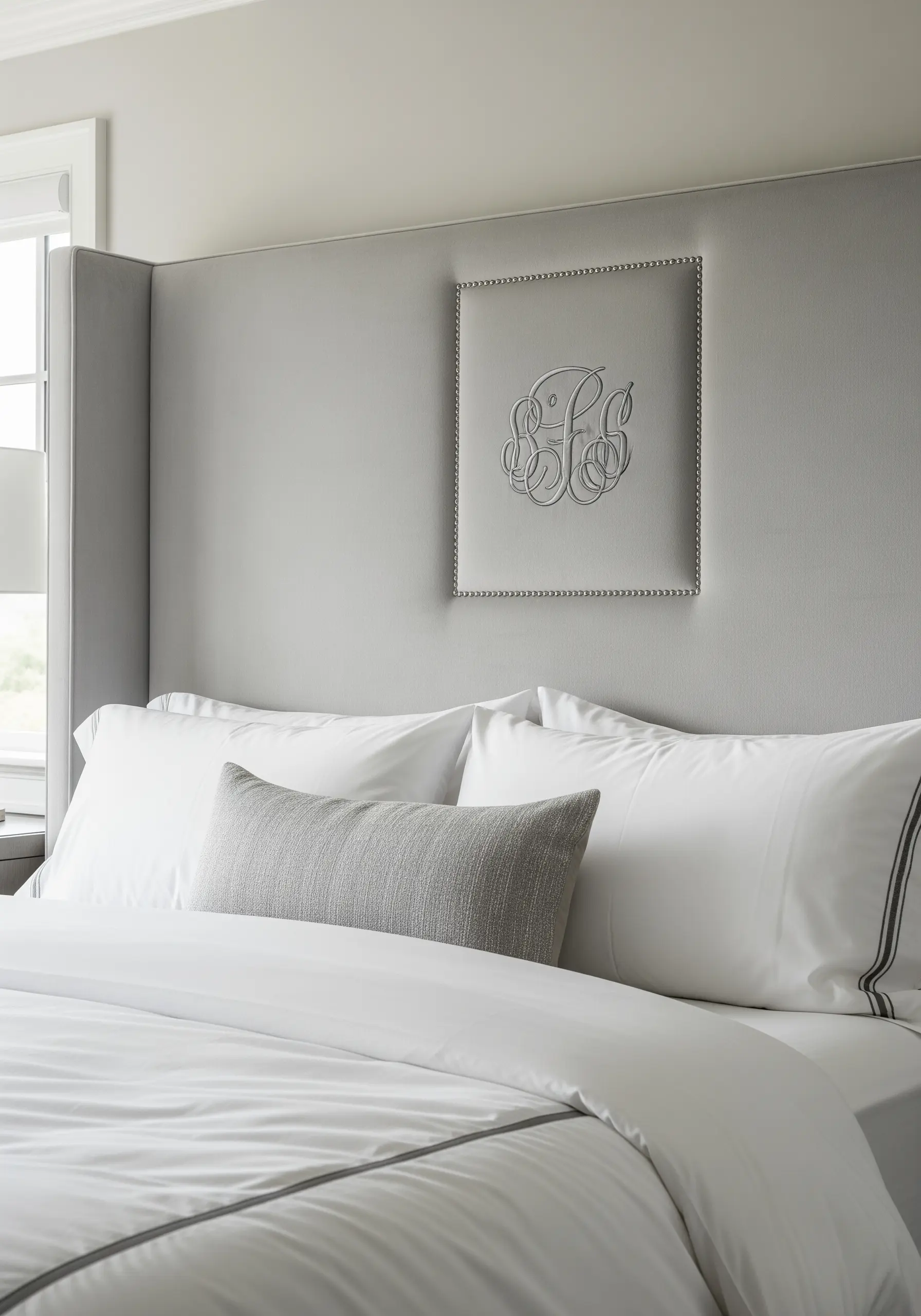 Elegant silver-on-grey padded satin stitch monogram on an upholstered headboard.