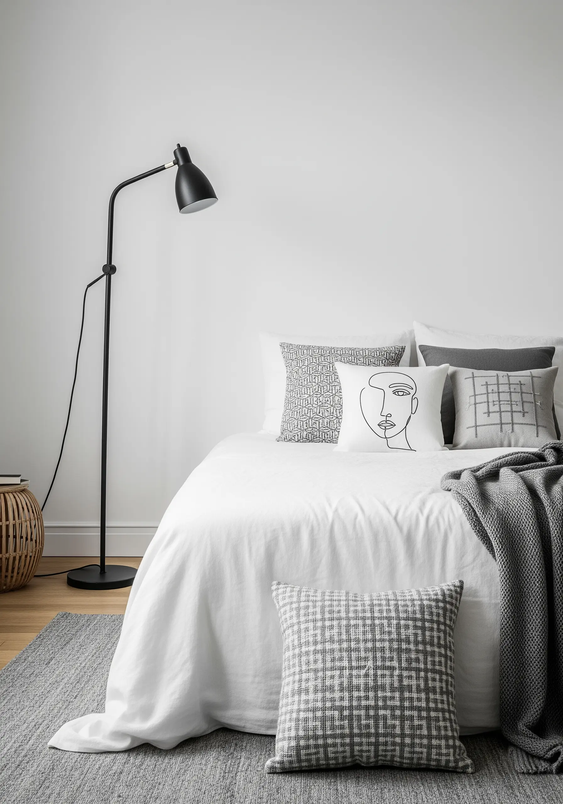 A white pillow with a single-line abstract face embroidered in black thread.