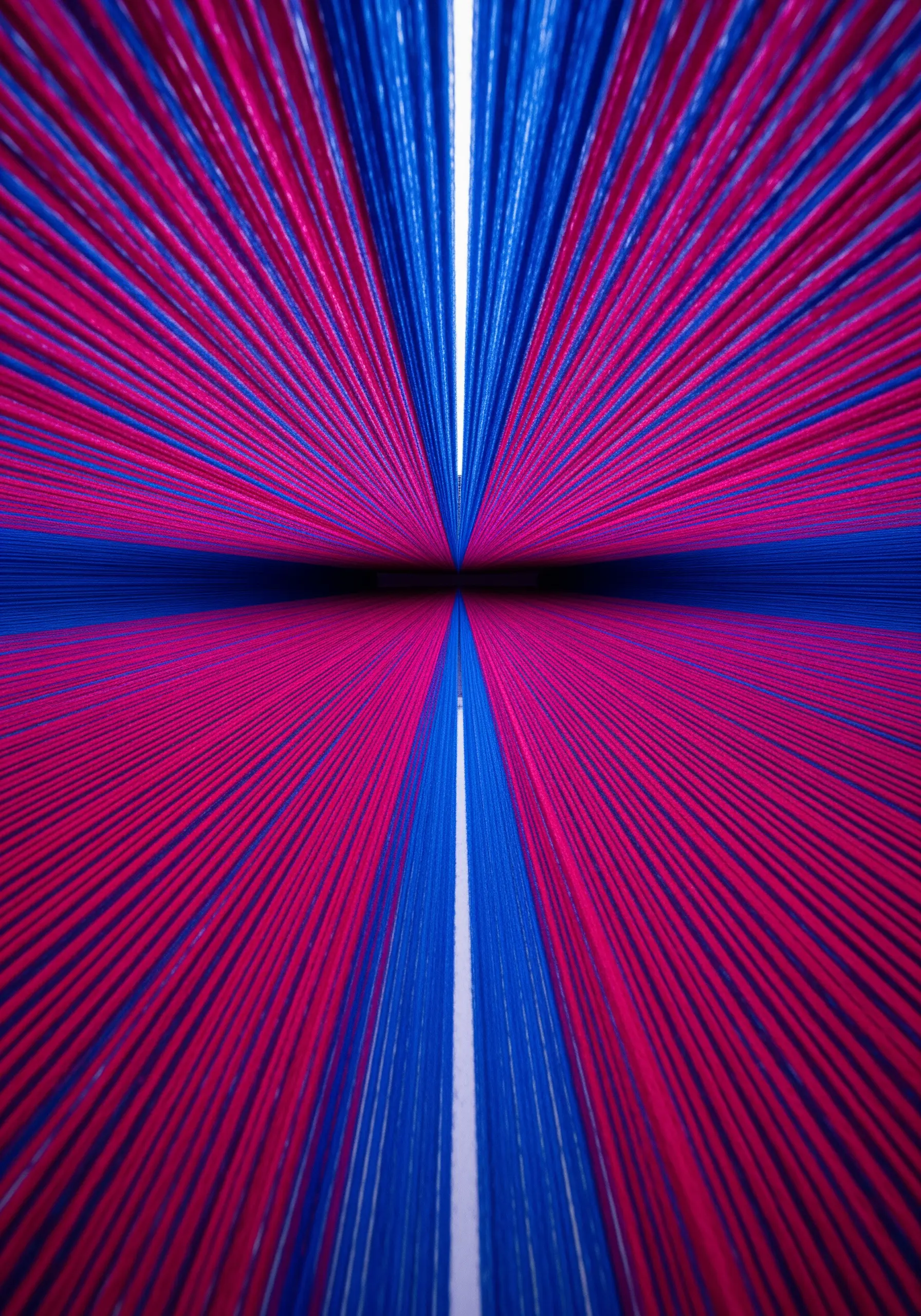 An extreme perspective view of blue and pink threads racing towards a central vanishing point.