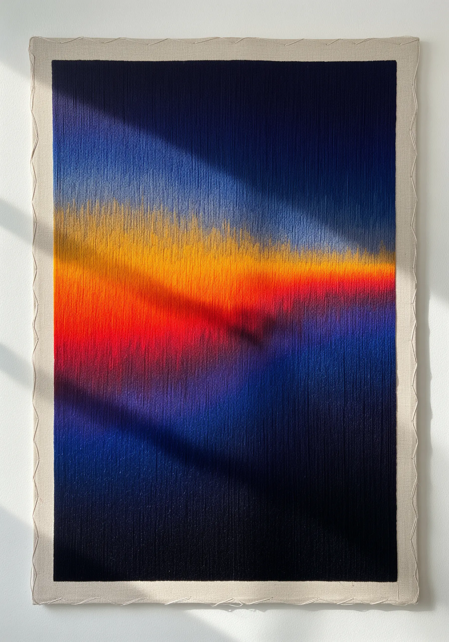 Large-scale vertical thread painting with a sunset-colored gradient from yellow to deep blue.
