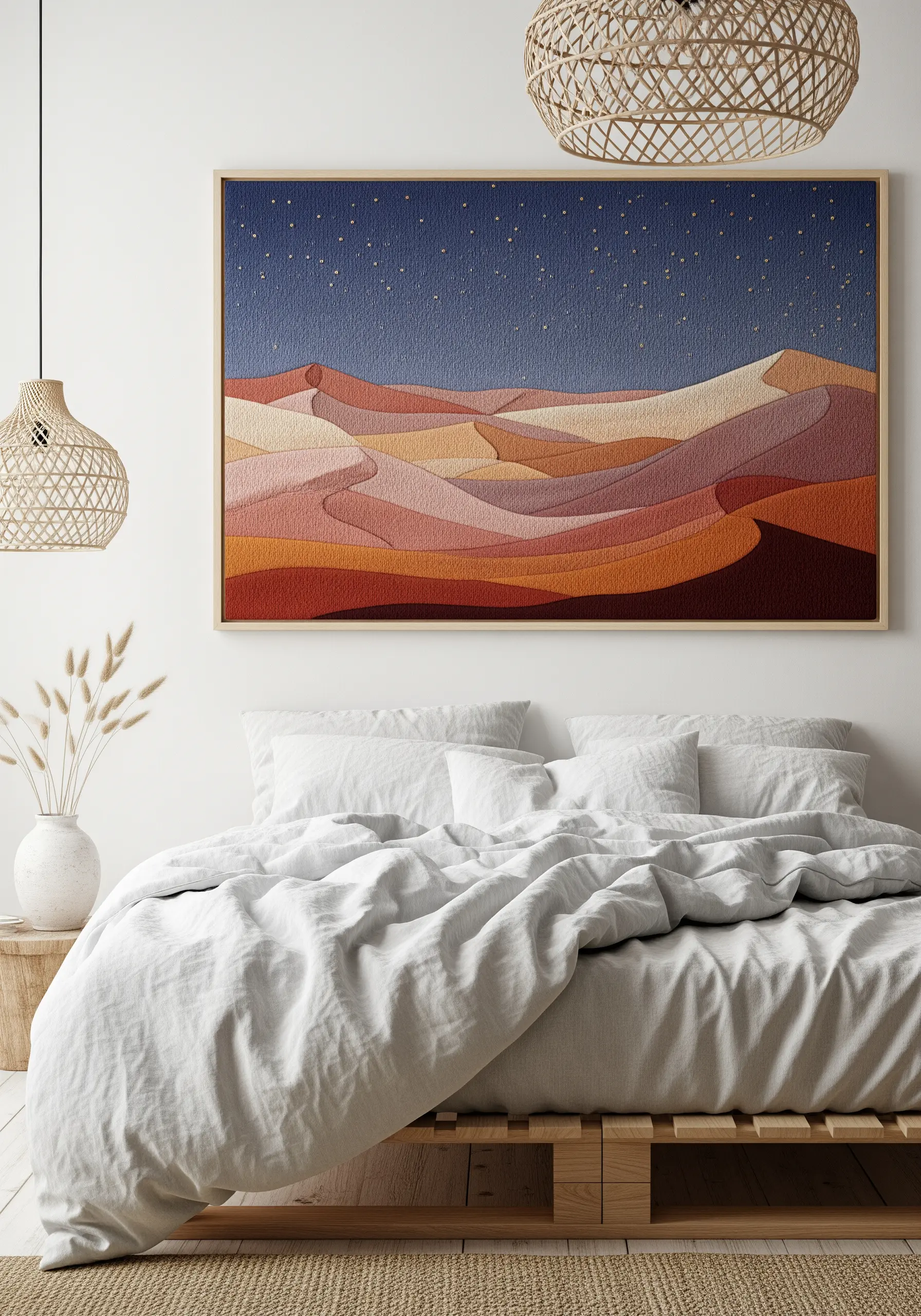 Large framed embroidery of desert dunes at night, using color-blocking and thread painting.