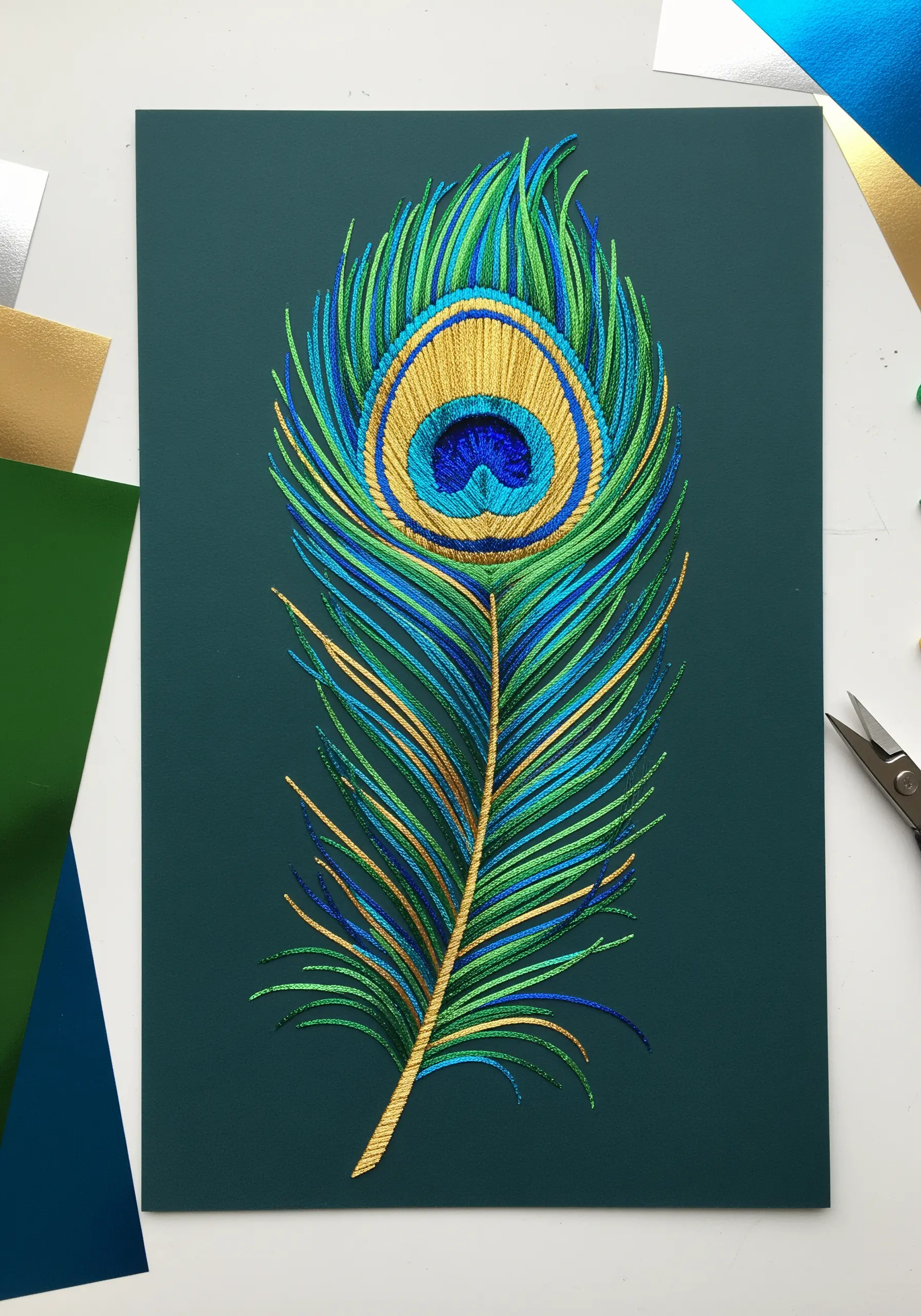 A peacock feather made with layered, thread-like strips of metallic and colored paper.