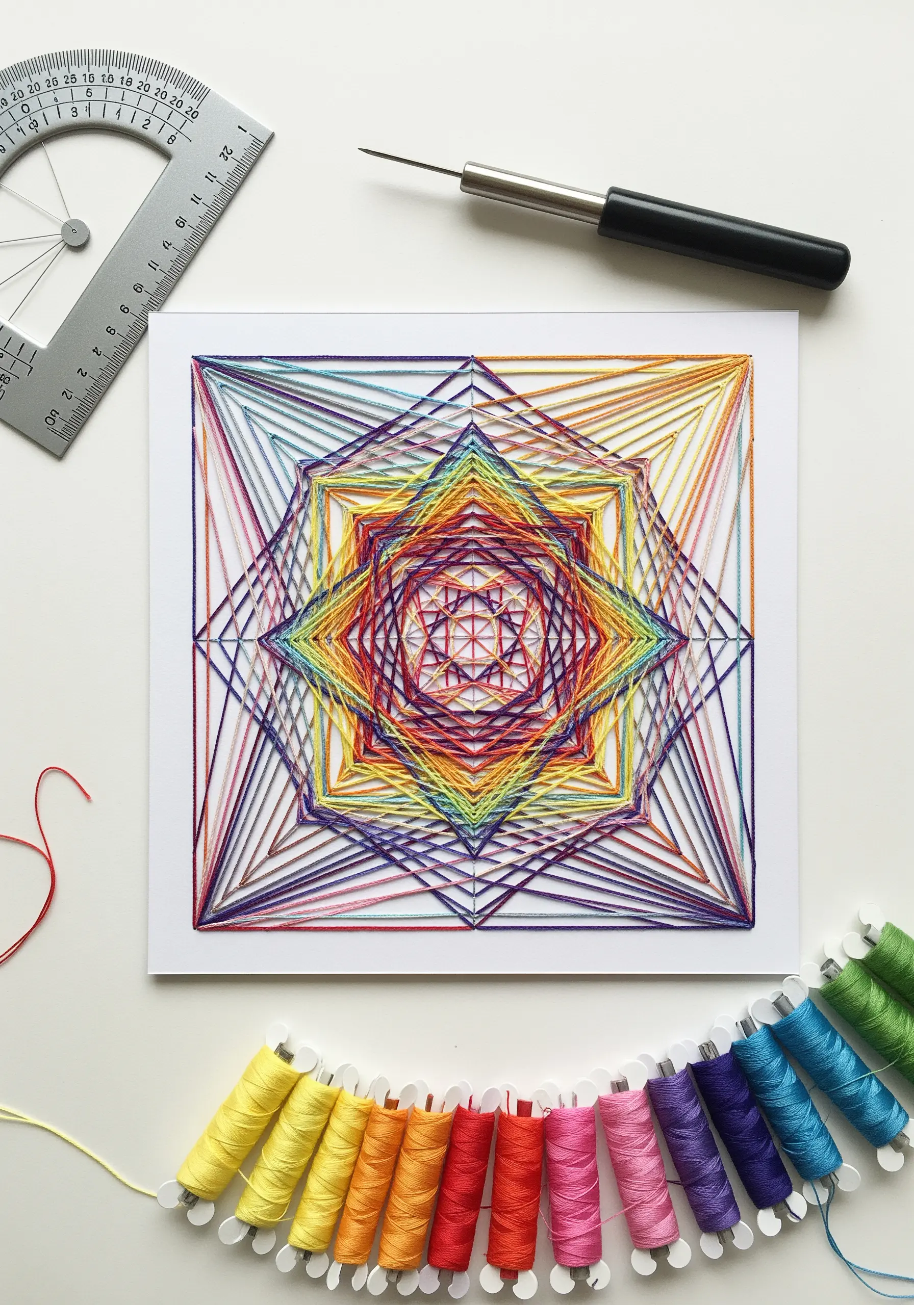 A vibrant, geometric string art design made with rainbow thread on white cardstock.