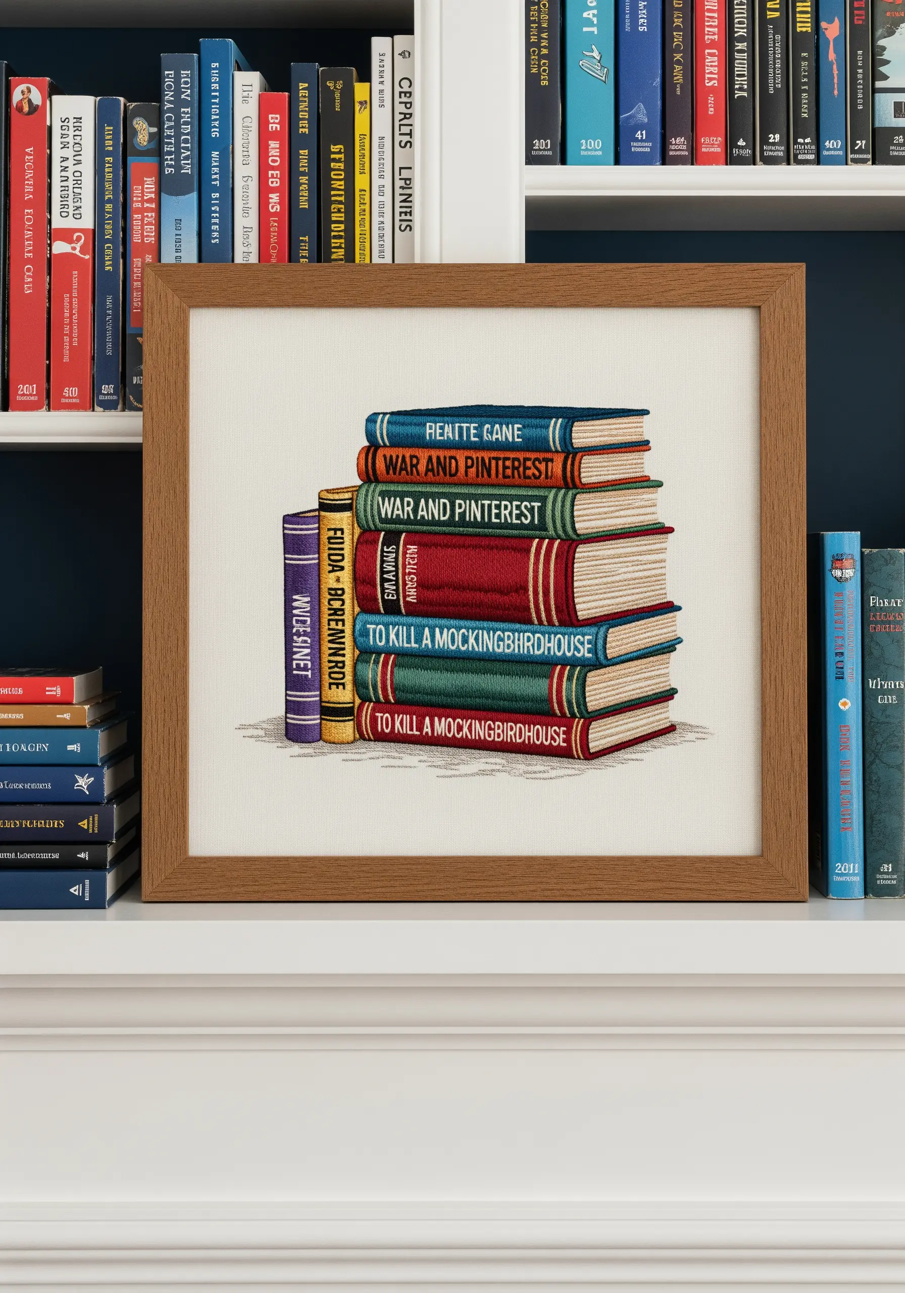A realistic embroidery of a stack of books with detailed titles, framed and set on a bookshelf.