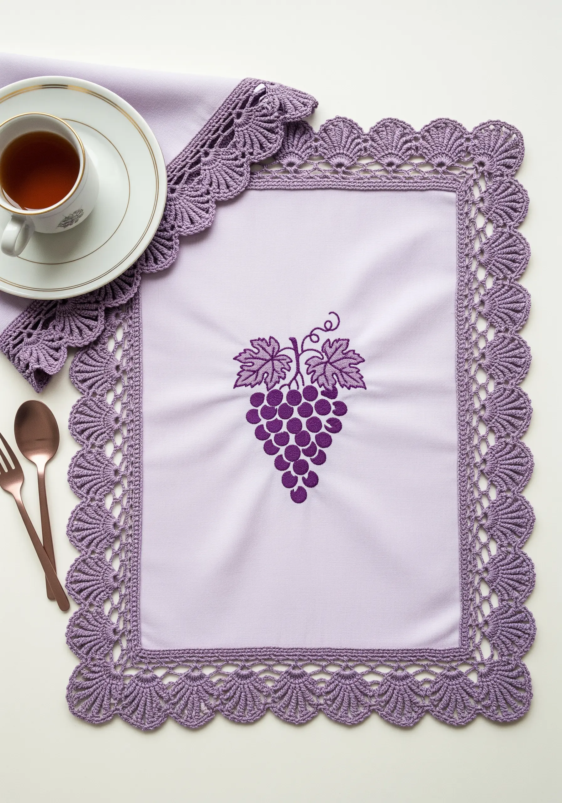 Monochrome purple embroidered grapes on a lilac placemat with a matching purple lace border.