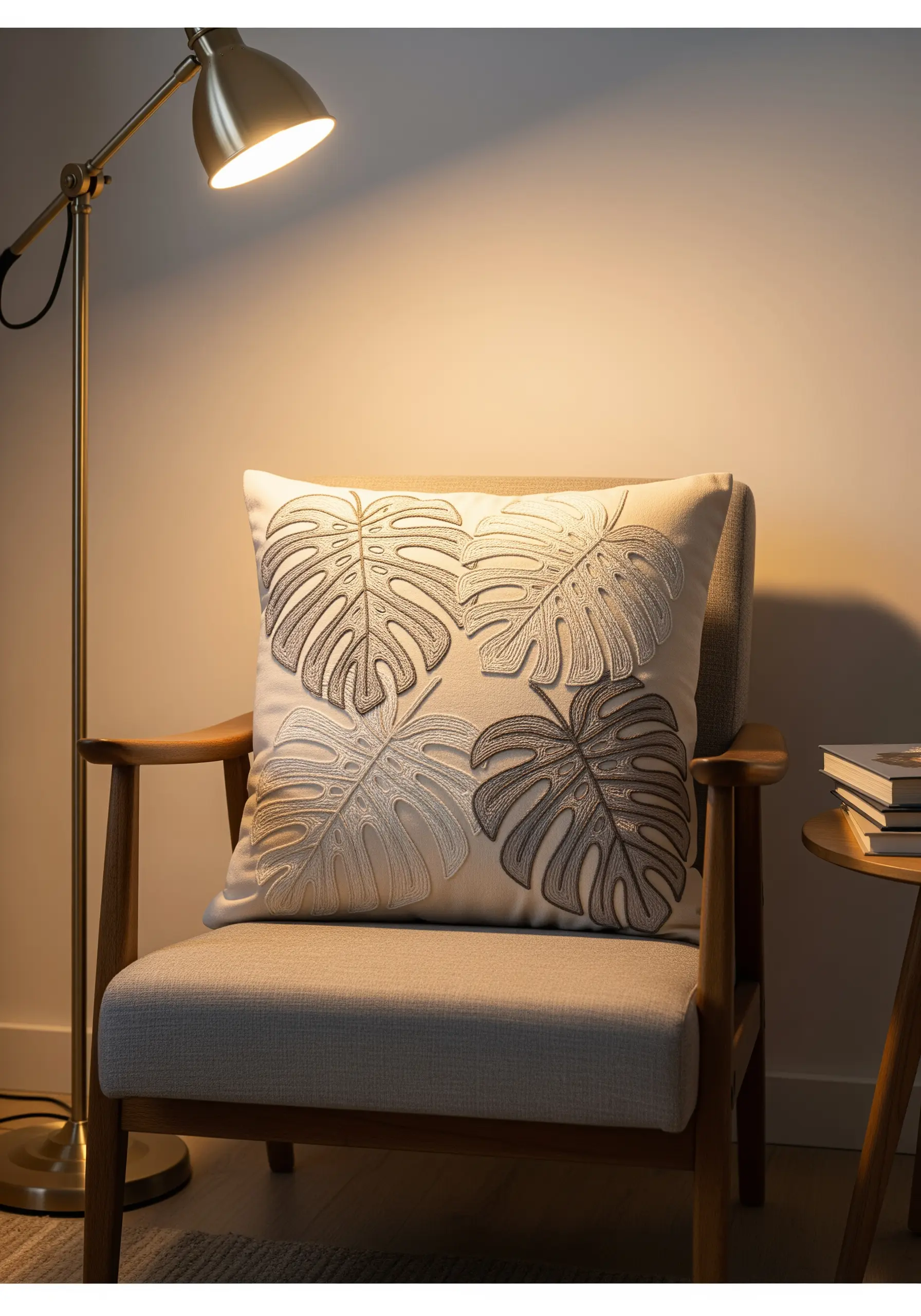 Four monstera leaves embroidered in shades of grey and beige on a cushion.