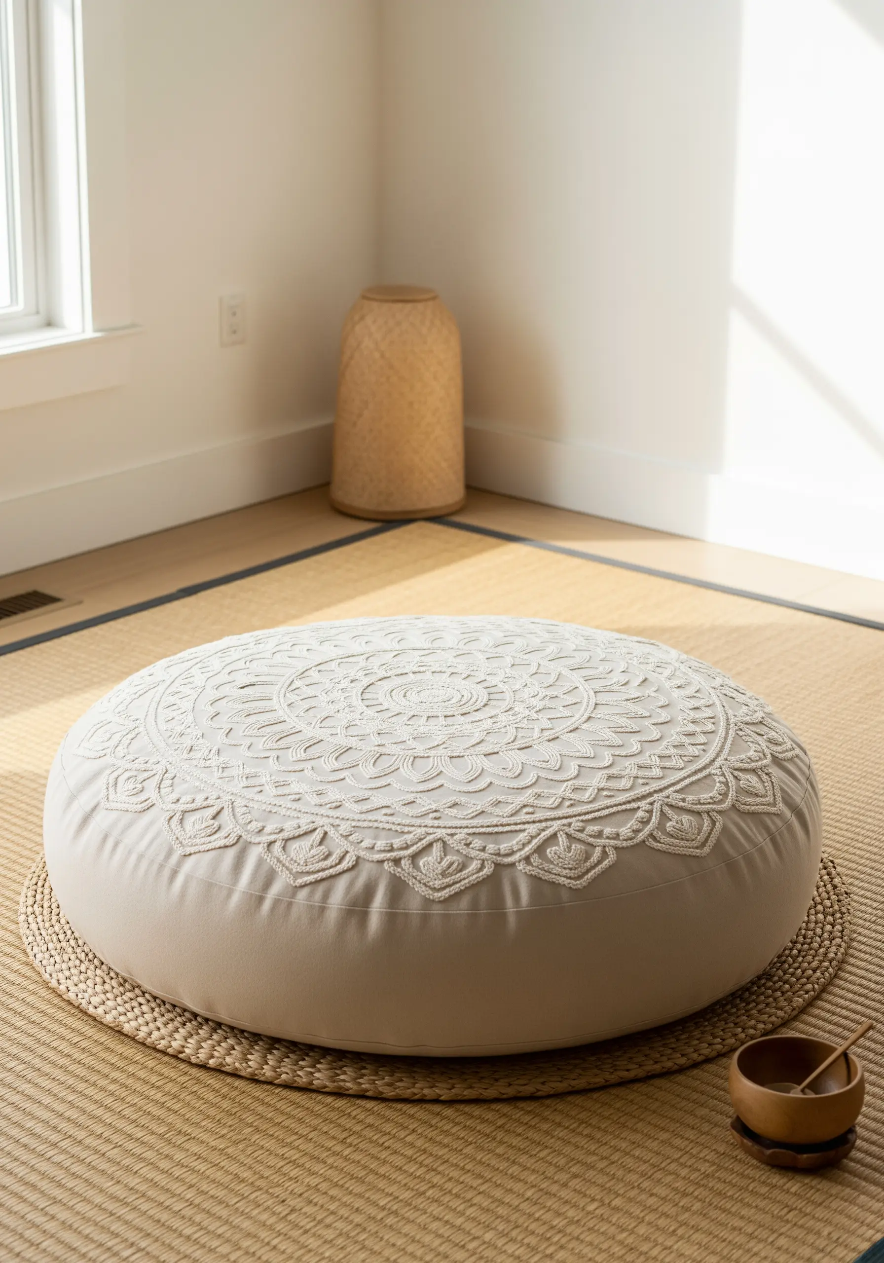 A round meditation cushion with an intricate tone-on-tone mandala embroidered in the center.