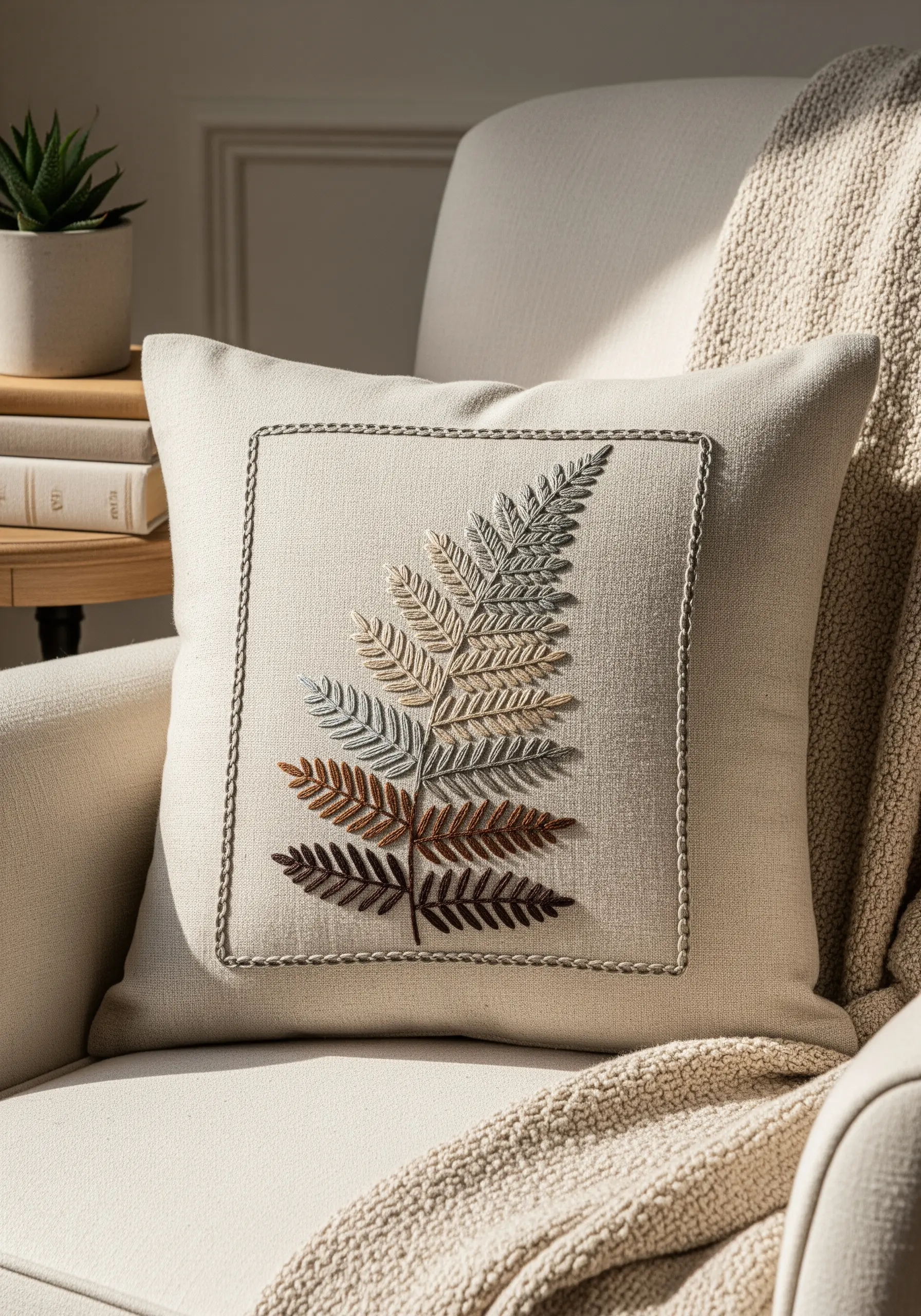 Embroidered fern on a linen cushion using a gradient of neutral threads for a realistic look.
