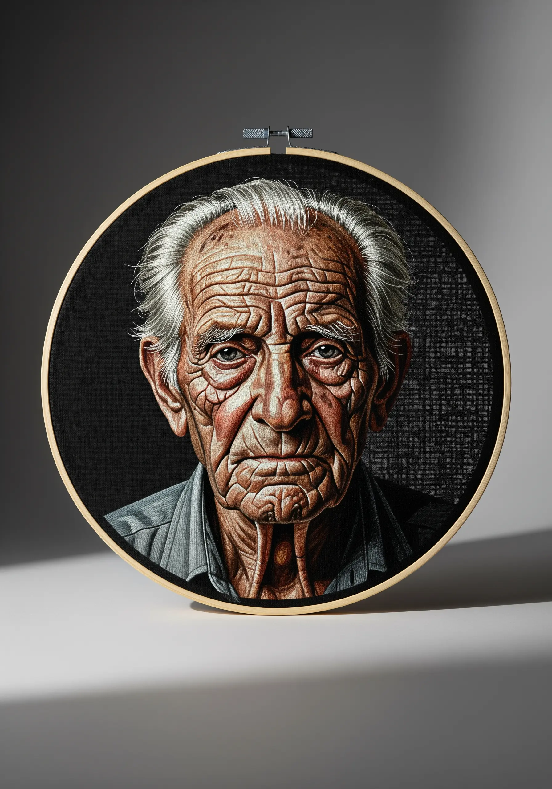 Realistic embroidered portrait of an elderly man with detailed wrinkles in an embroidery hoop.