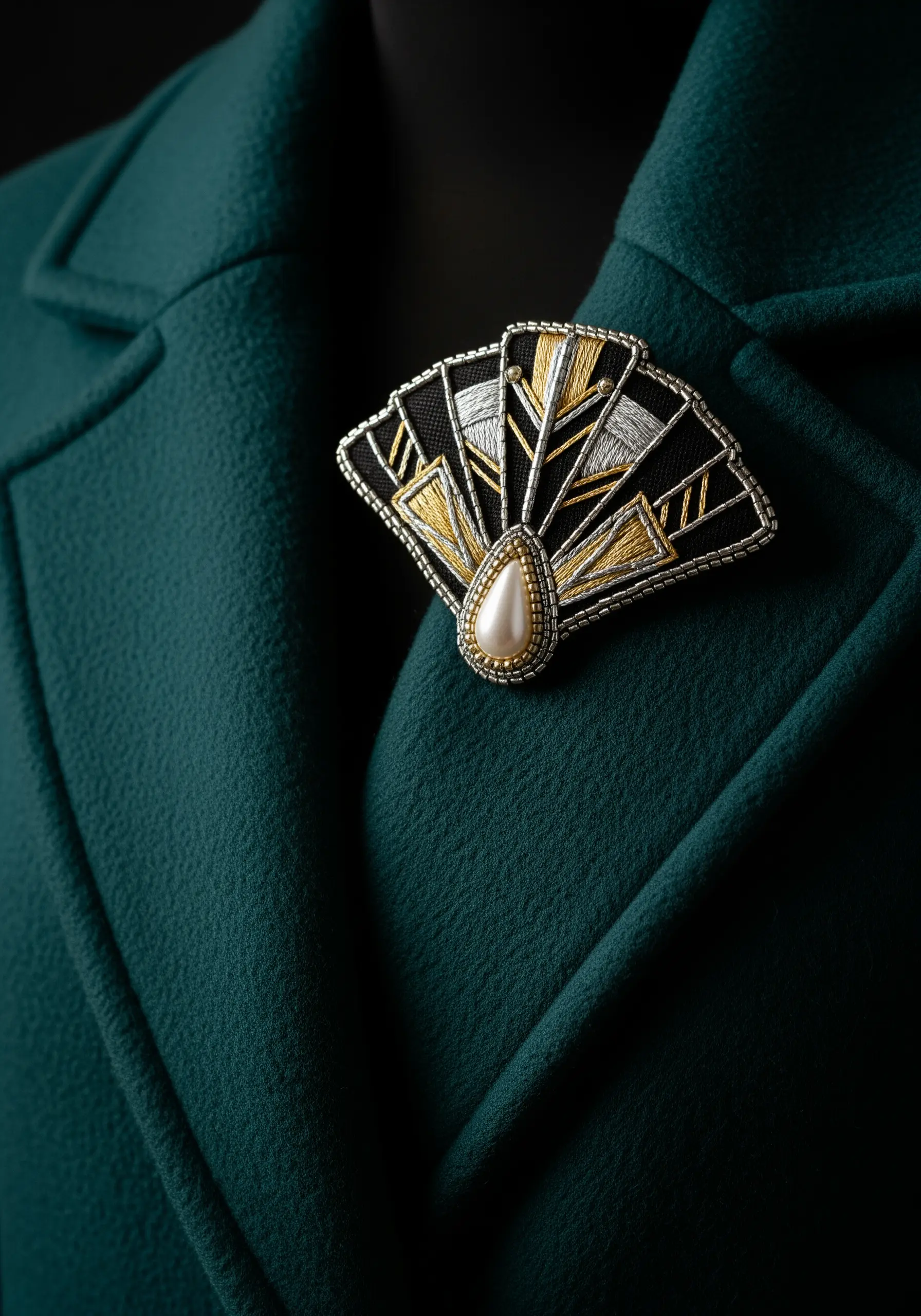 Art Deco fan-shaped brooch with goldwork embroidery and a pearl.