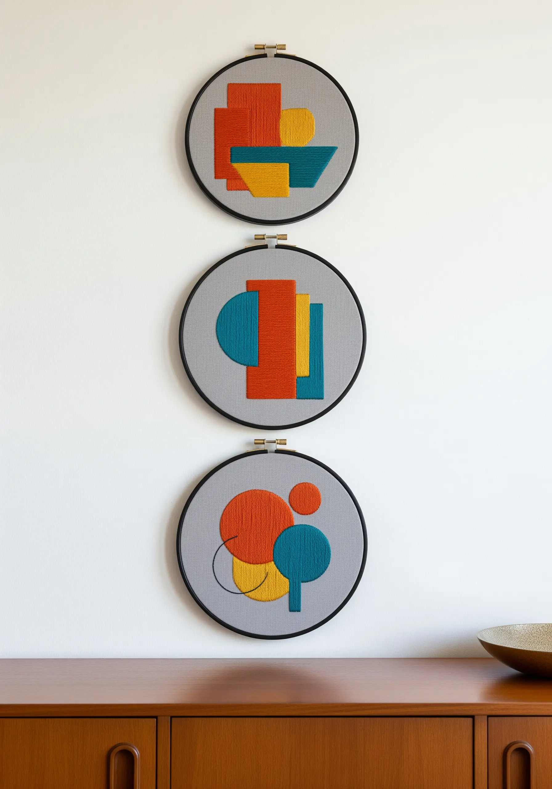 Trio of abstract geometric embroidery hoops with bold color-blocking.