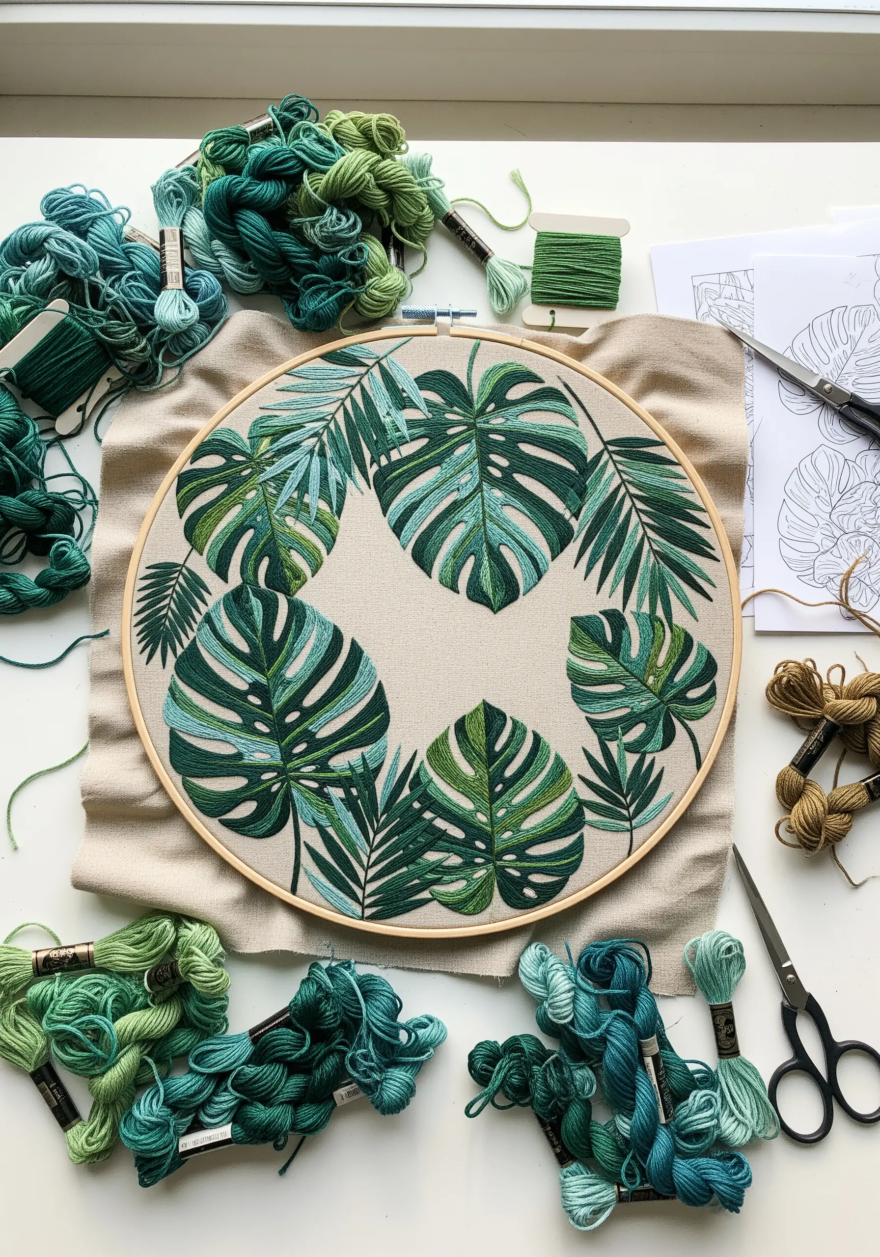 Detailed embroidery of monstera and palm leaves in various shades of green.