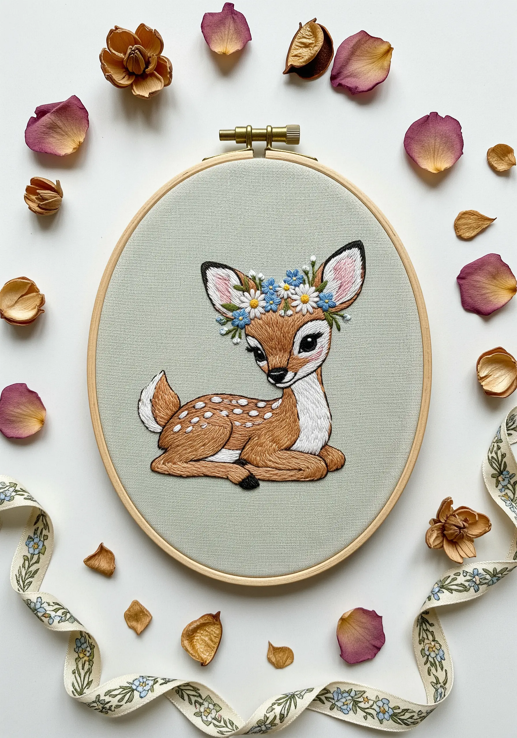 Embroidered fawn with a delicate flower crown of lazy daisy stitches.
