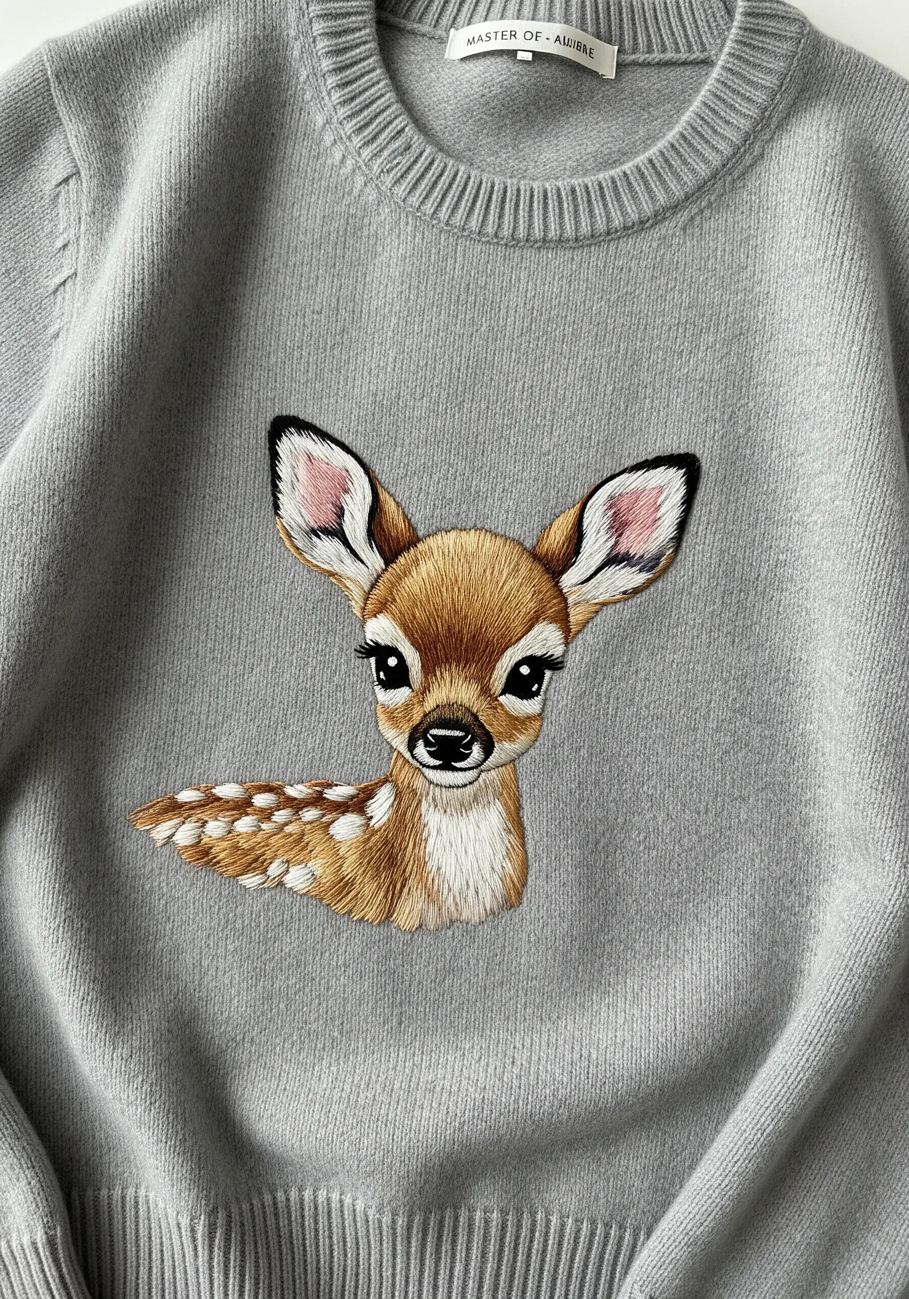 A realistic, thread-painted fawn portrait on a grey knit sweater, focusing on the eyes.
