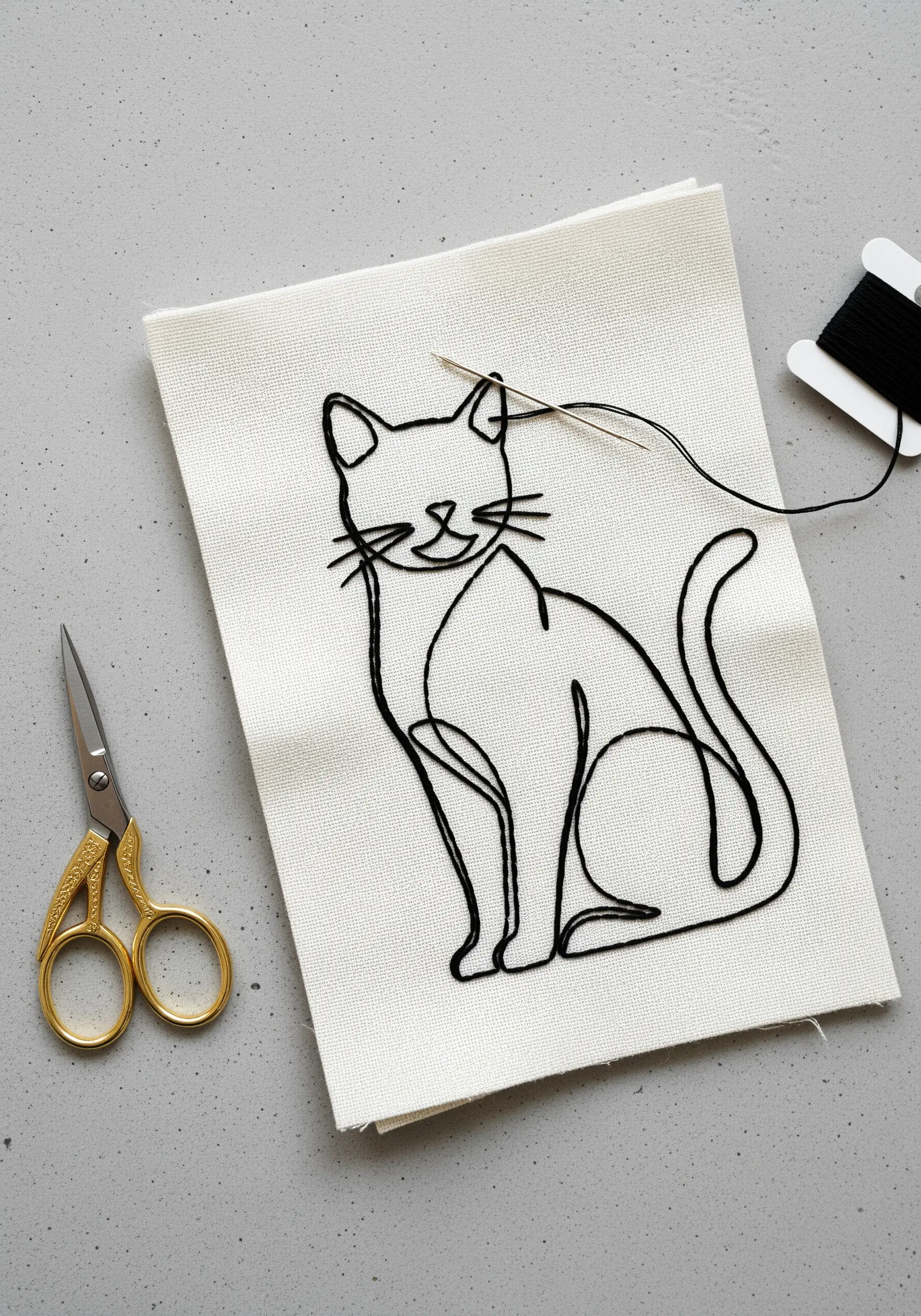 A minimalist black thread line-art cat being stitched on off-white fabric.