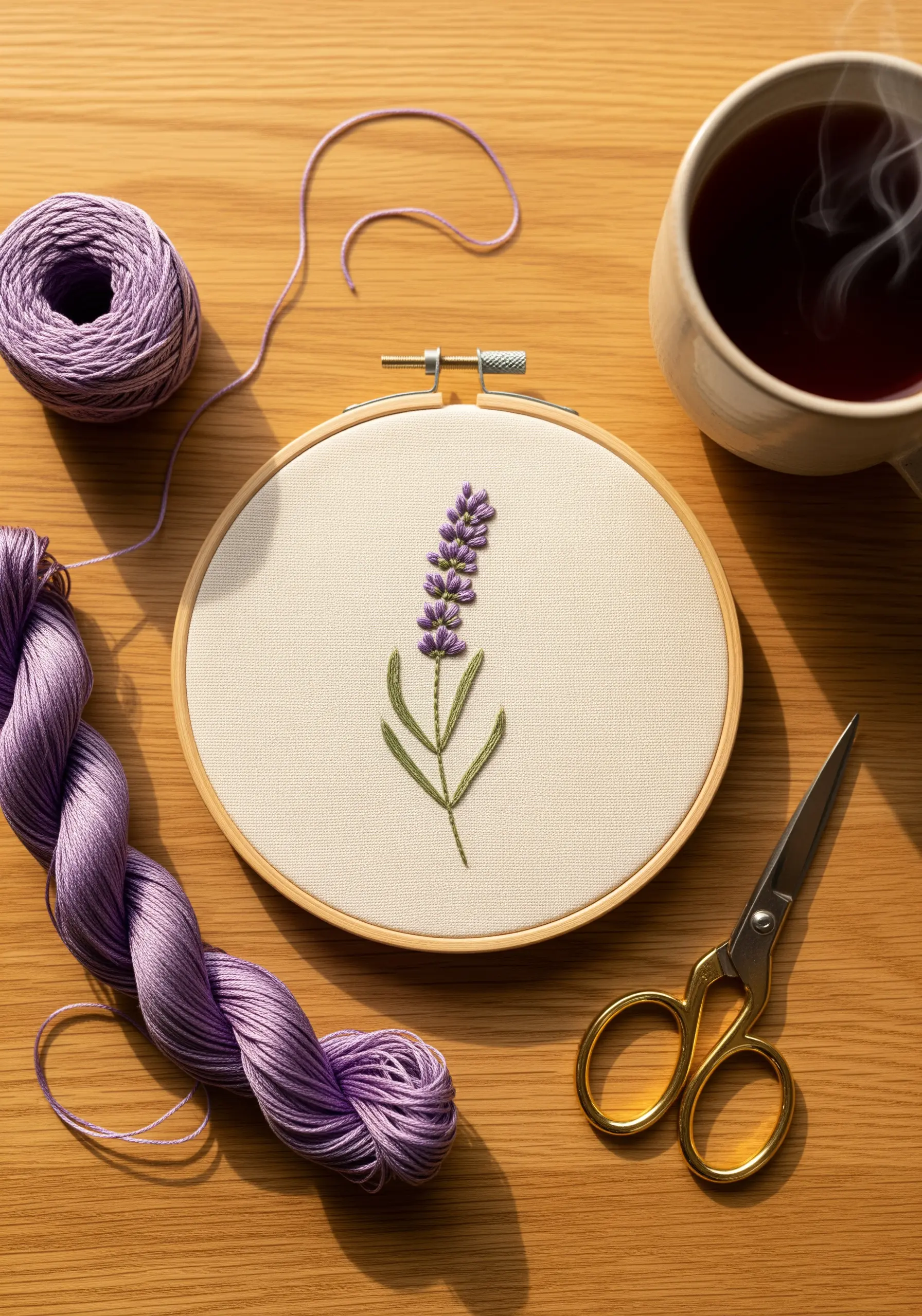 Embroidered lavender sprig in a wooden hoop with purple thread.