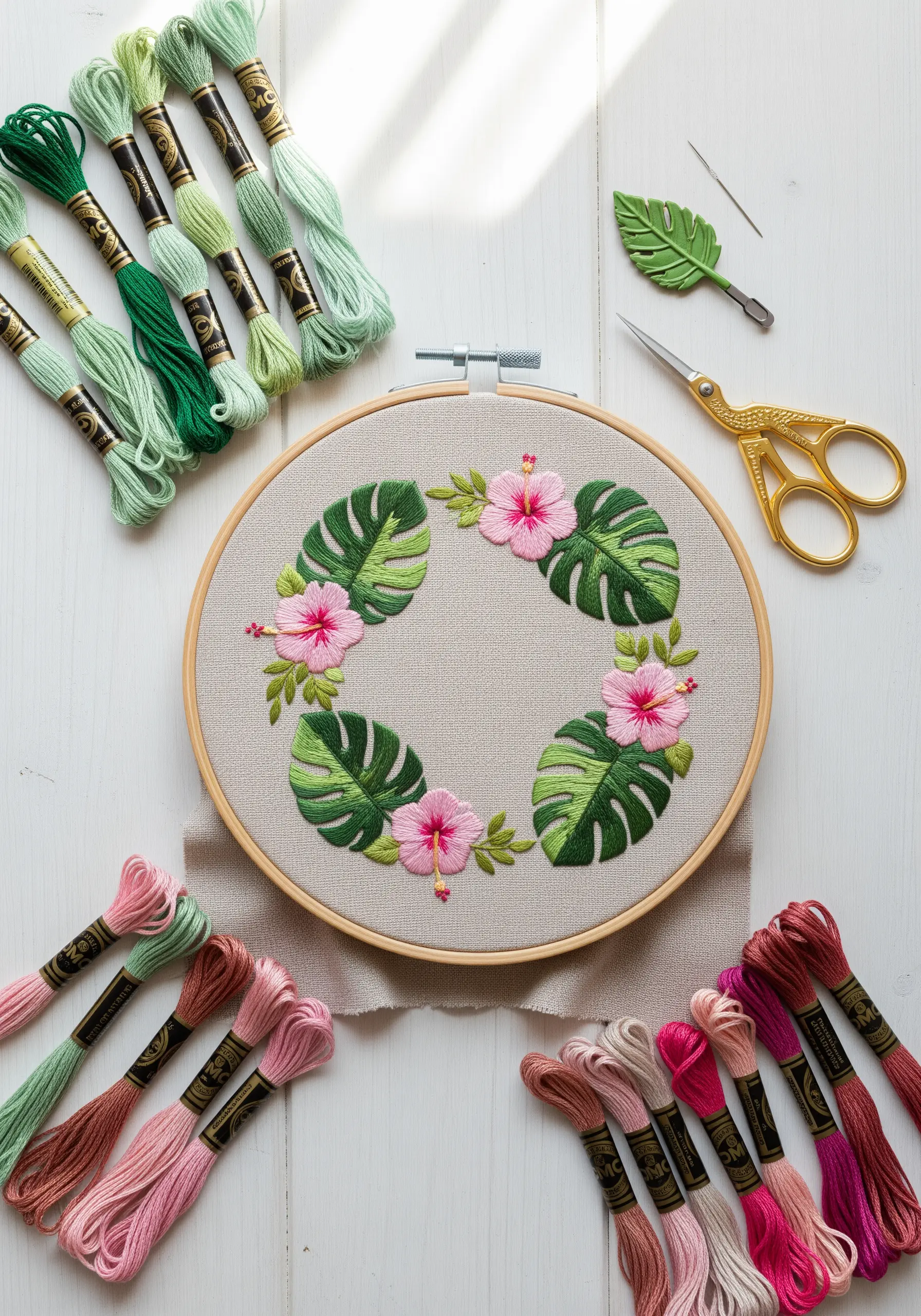 Tropical monstera leaf and hibiscus flower embroidery hoop with graded green and pink threads.