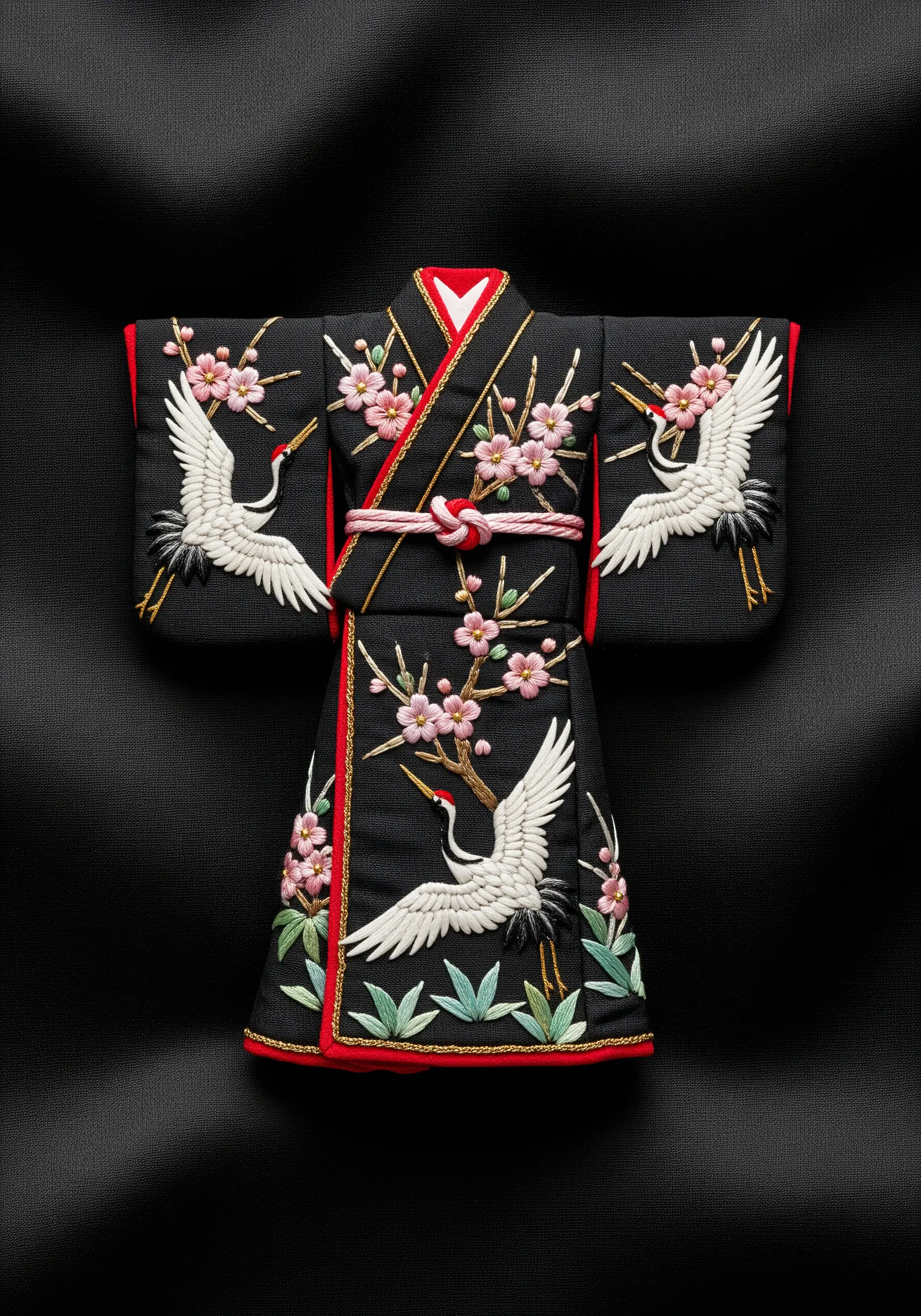 A miniature embroidered kimono with cranes and cherry blossoms on a black background.