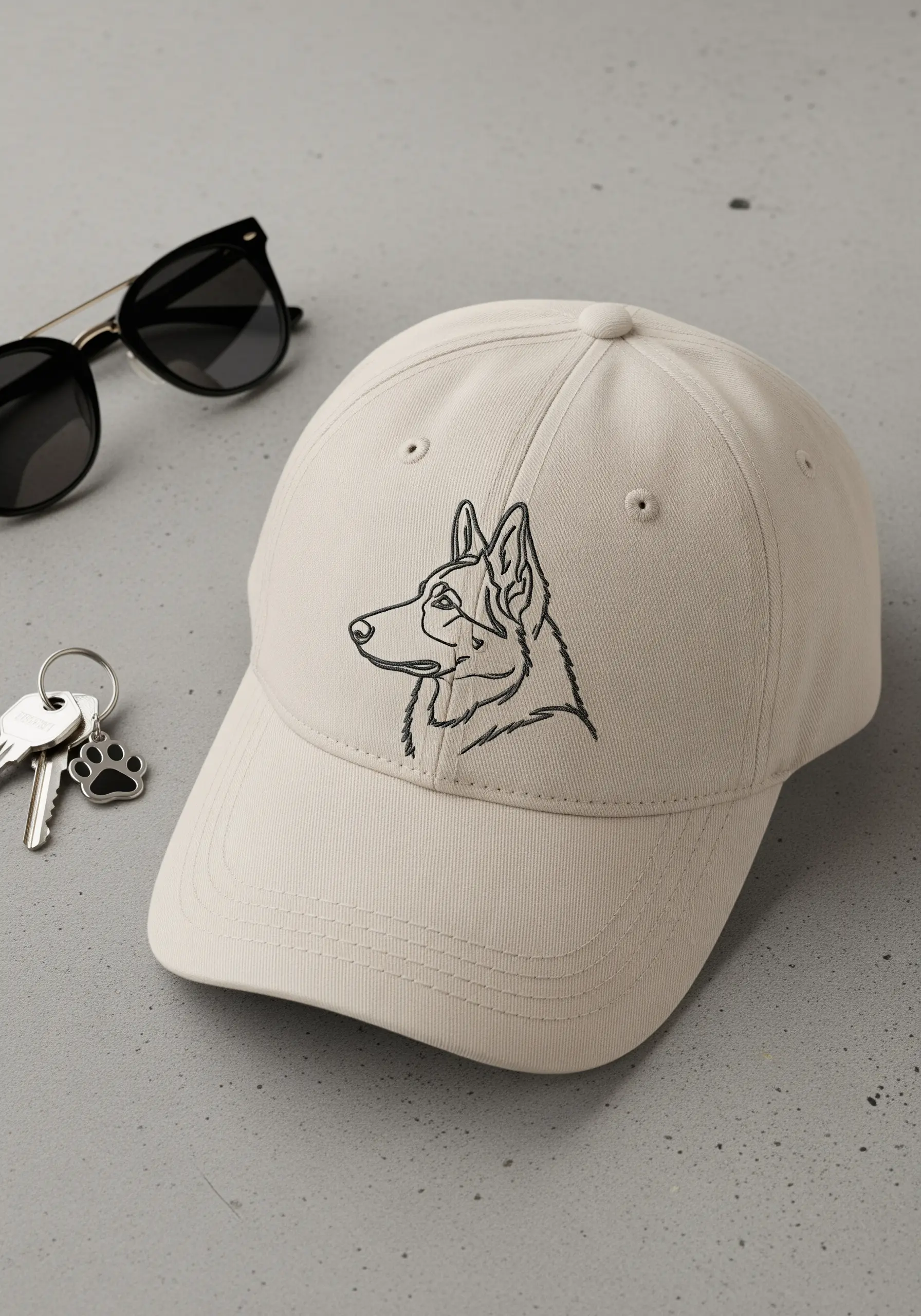 Black thread line art embroidery of a German Shepherd on a beige baseball cap.