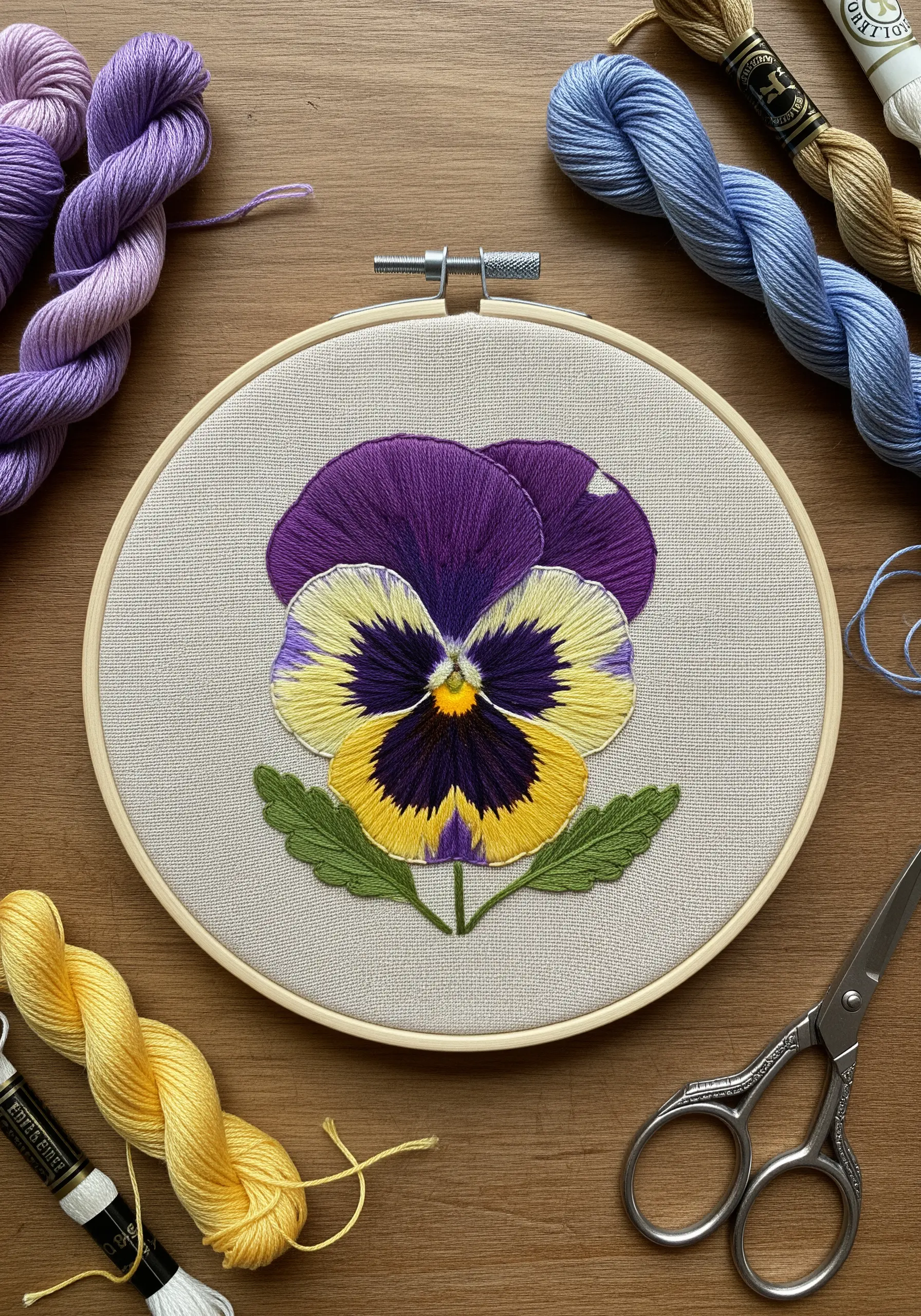 Pansy flower embroidered with long-and-short stitch color blending.