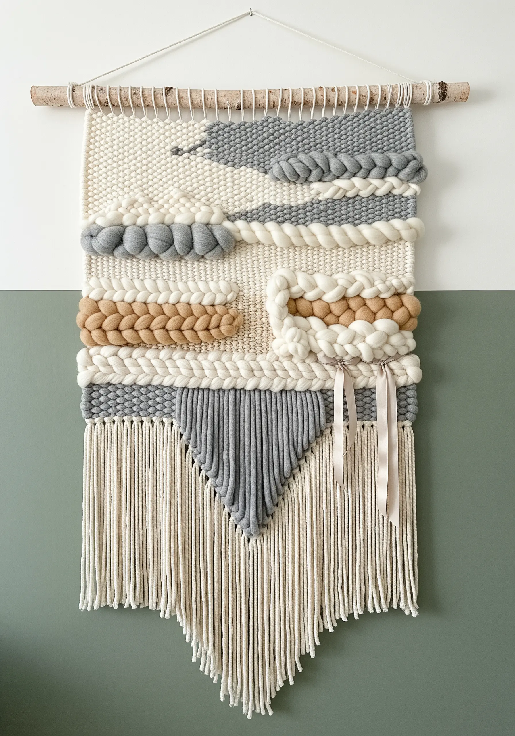 Woven wall hanging with chunky braids and smooth sections in neutral tones.