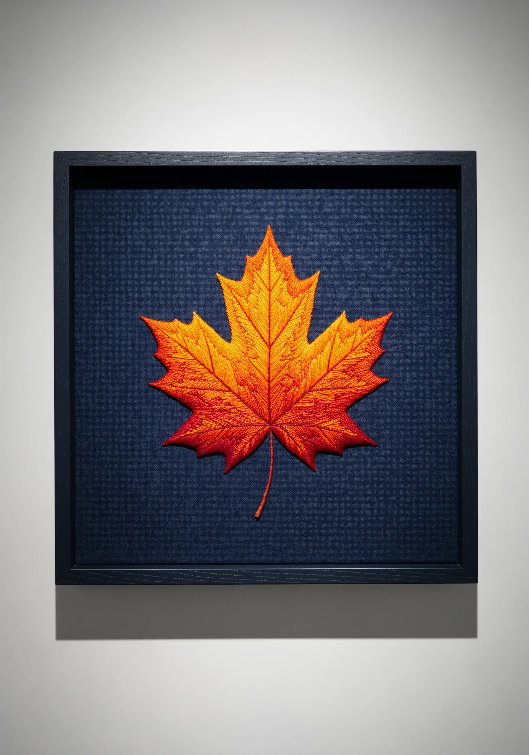 Framed, thread-painted maple leaf with a realistic orange-to-red gradient.