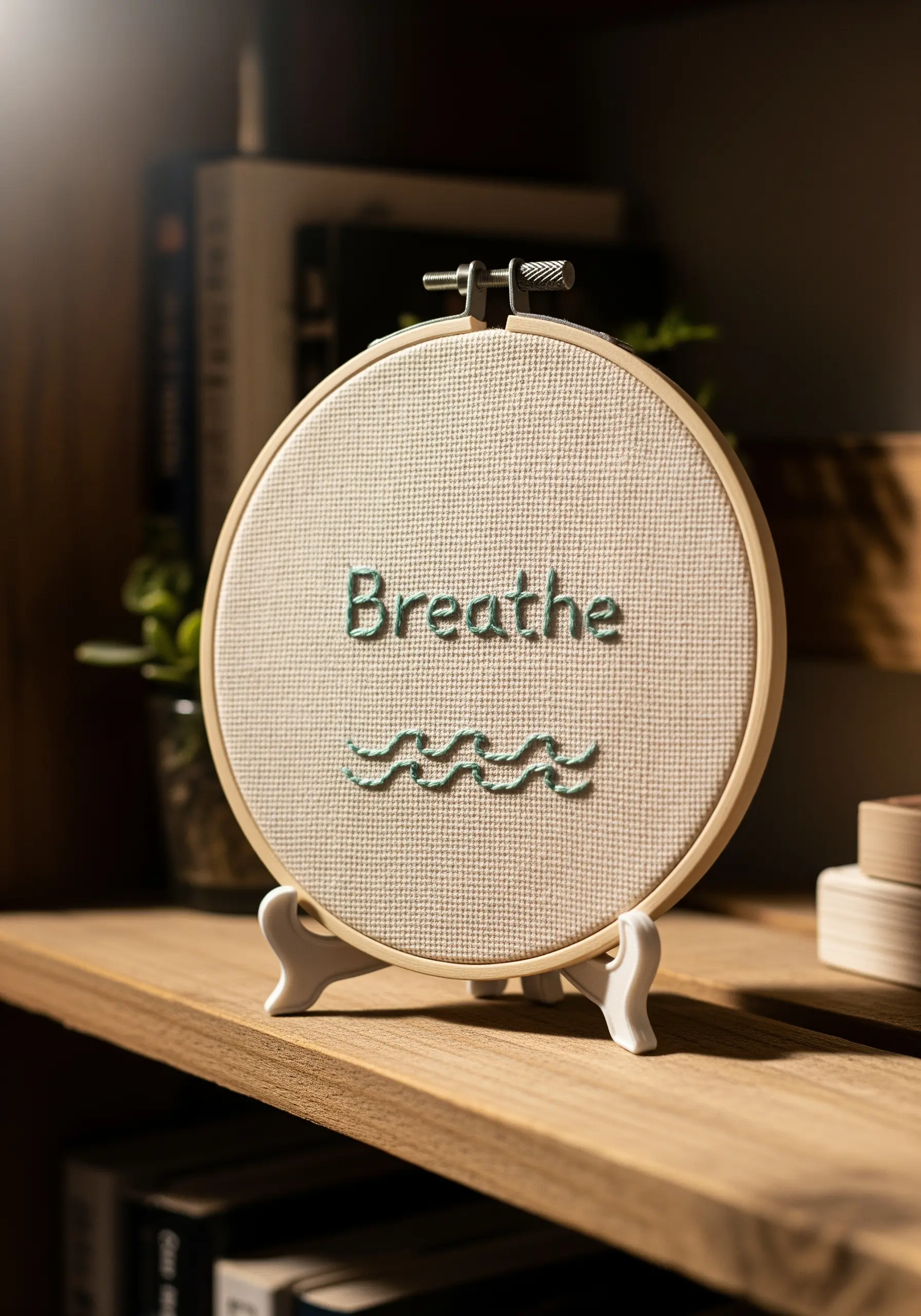 'Breathe' embroidered in teal thread with stylized waves stitched below.