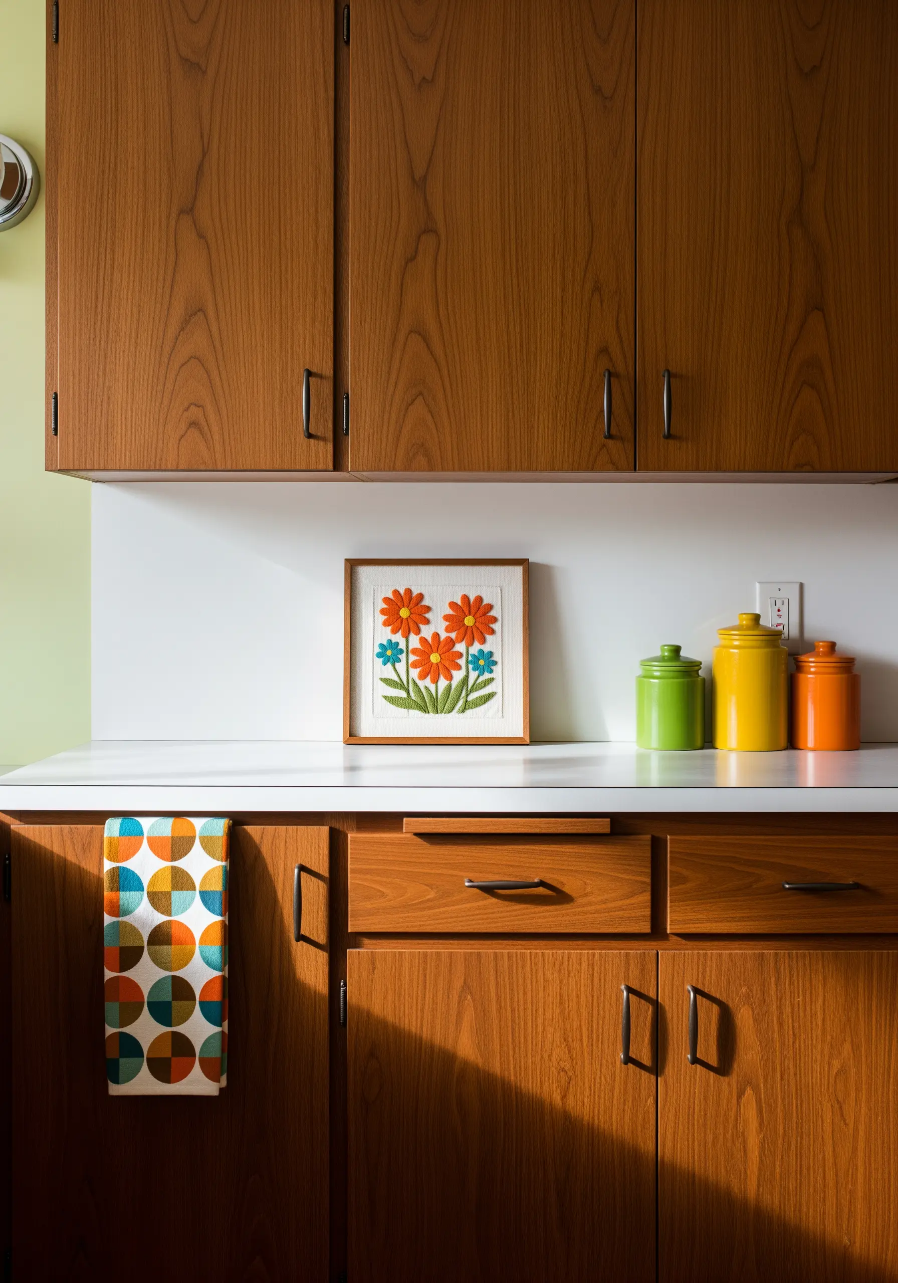 Framed retro-style floral embroidery in orange and green in a mid-century modern kitchen.
