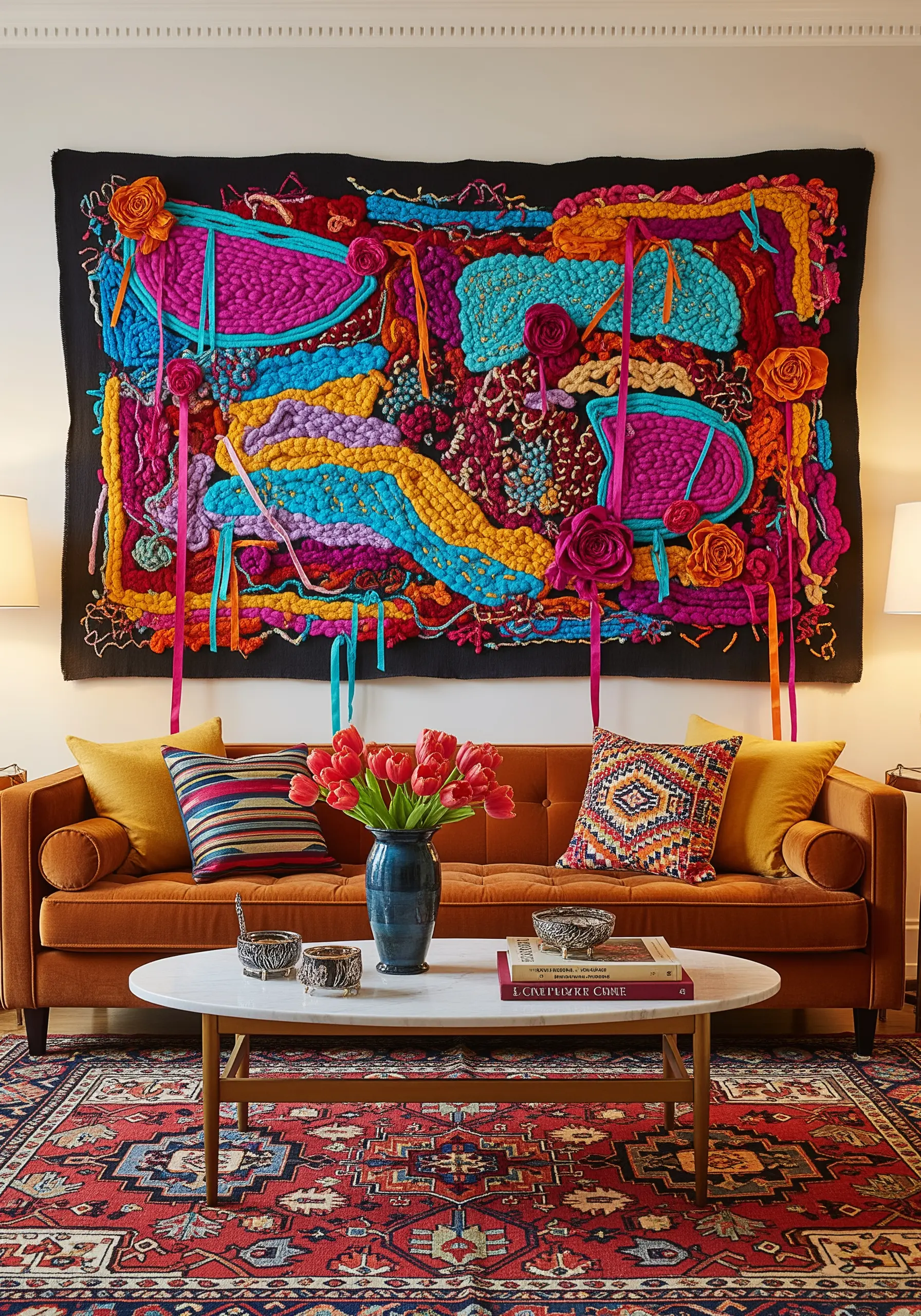 A vibrant, maximalist punch needle tapestry with bold color blocks in pink, blue, and yellow.