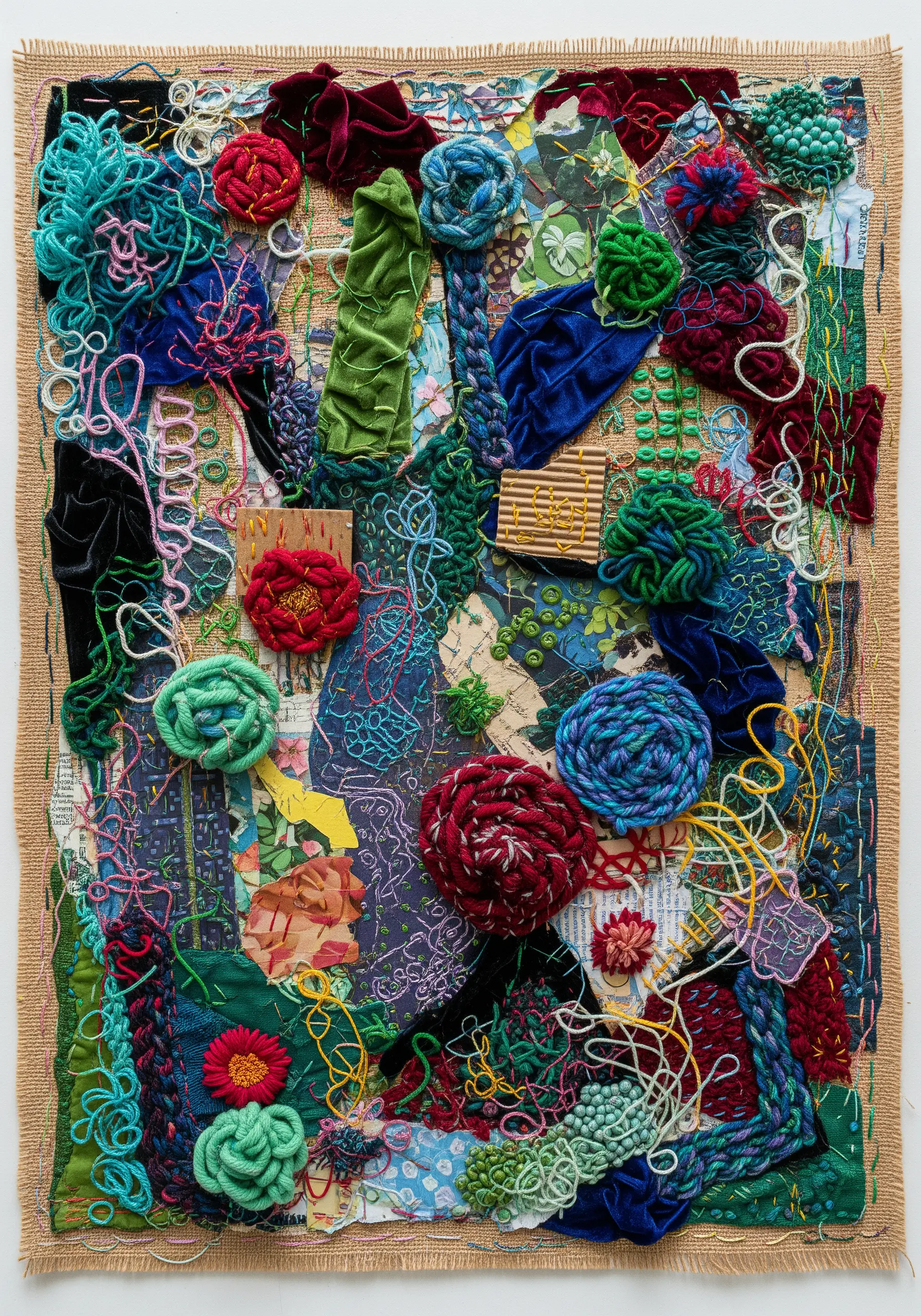 Abstract, maximalist fiber art collage with knots, couching, and varied textures.