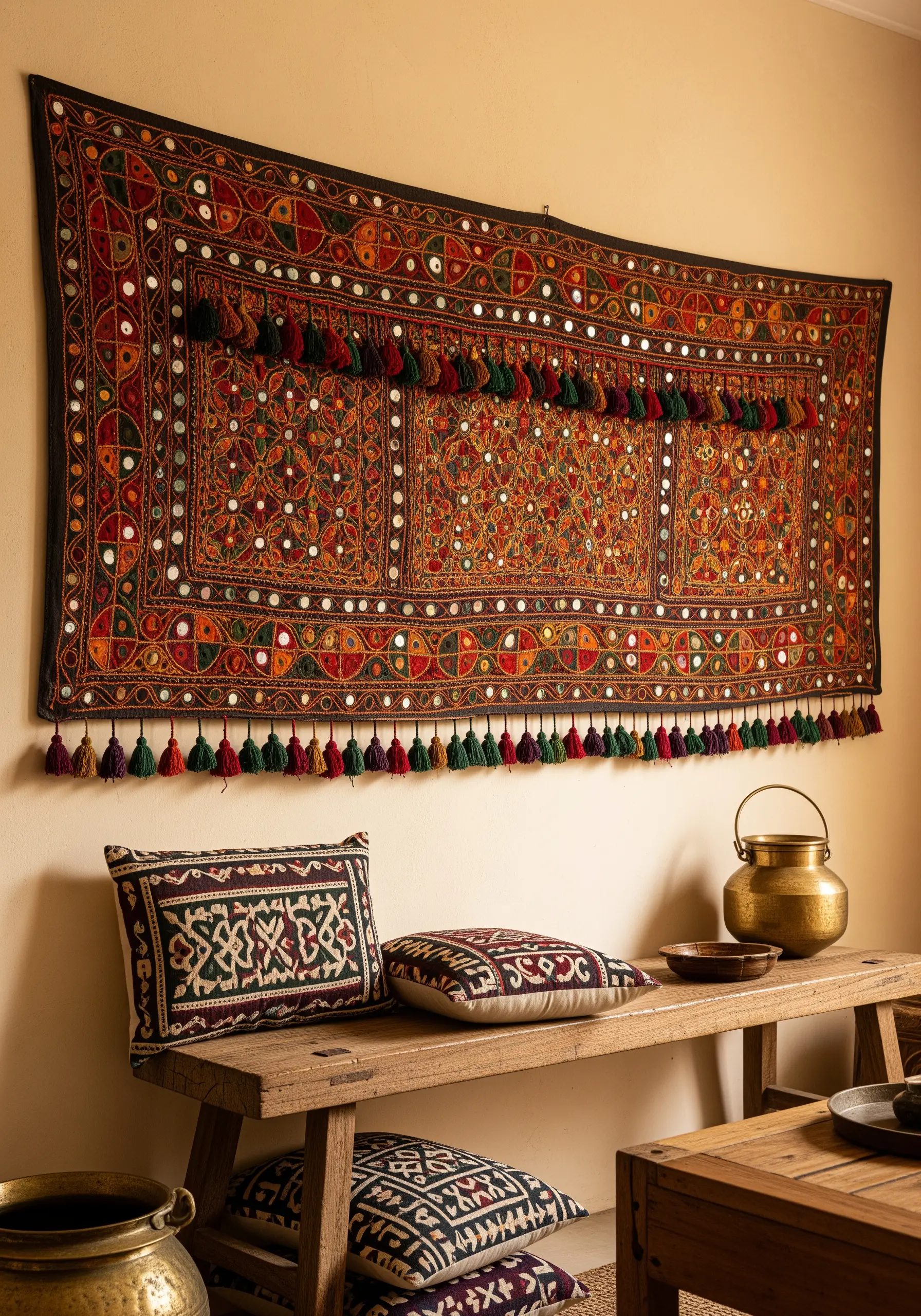 A large, colorful Banjara wall hanging decorated with mirrors, tassels, and dense embroidery.