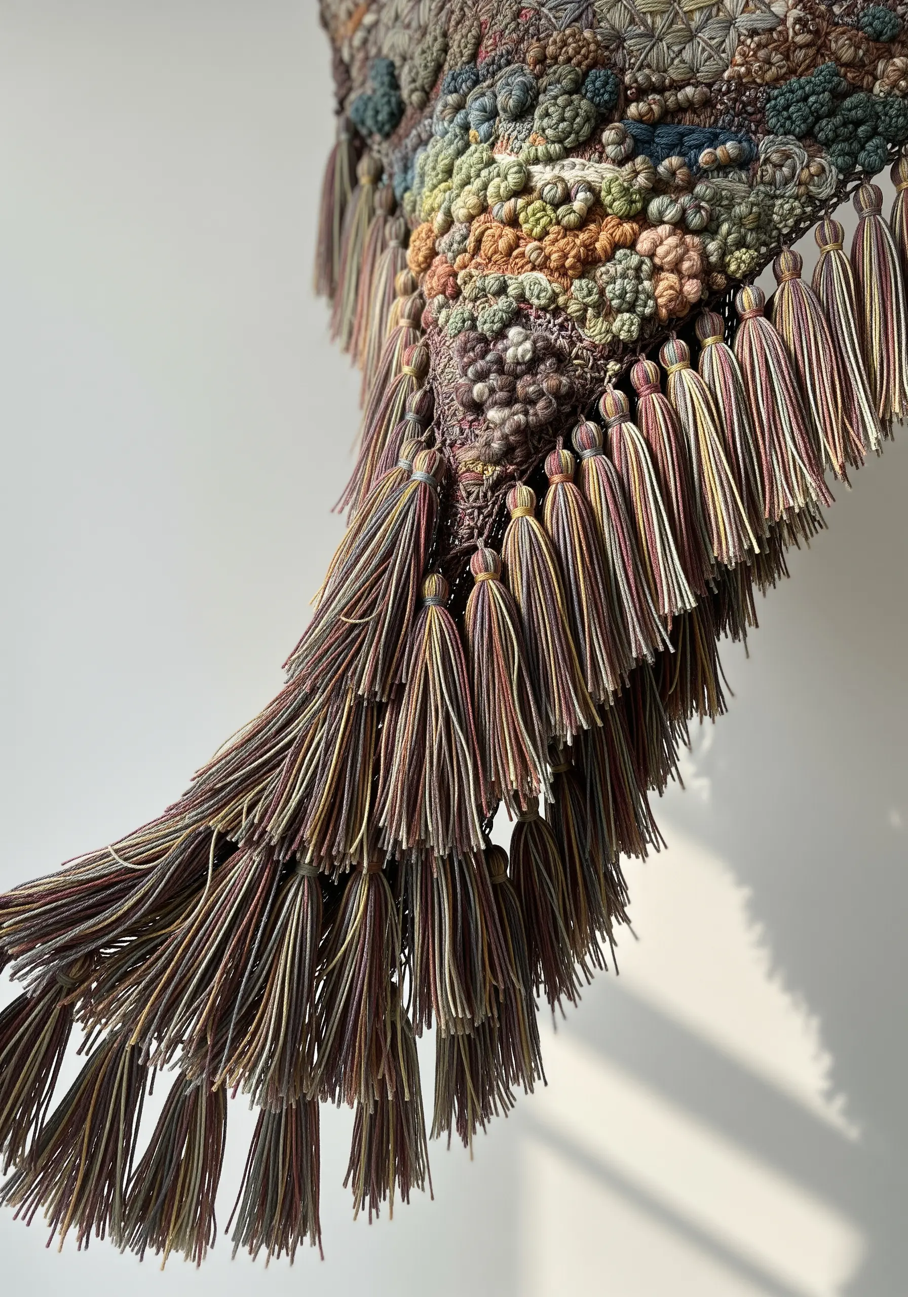 A highly textural embroidery piece with dense French knots and cascading multicolor tassels.