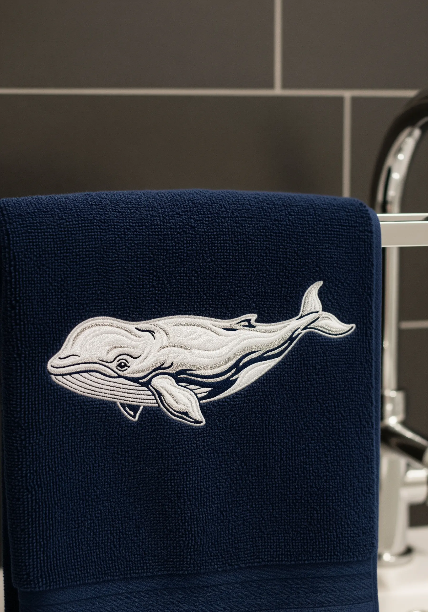 A white line-art whale embroidered on a dark navy blue towel.