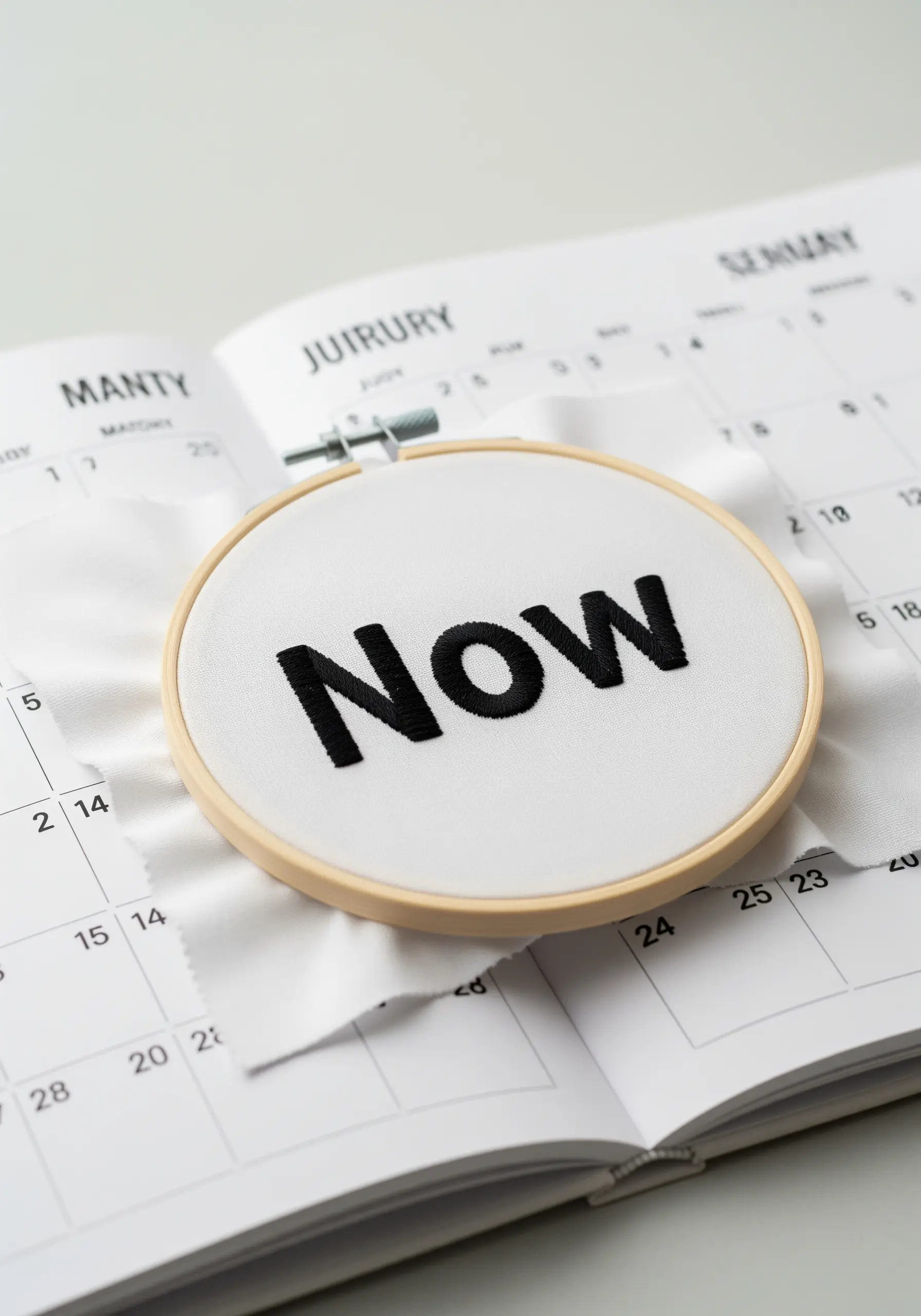 The word 'Now' embroidered in bold, black padded satin stitch on white fabric.