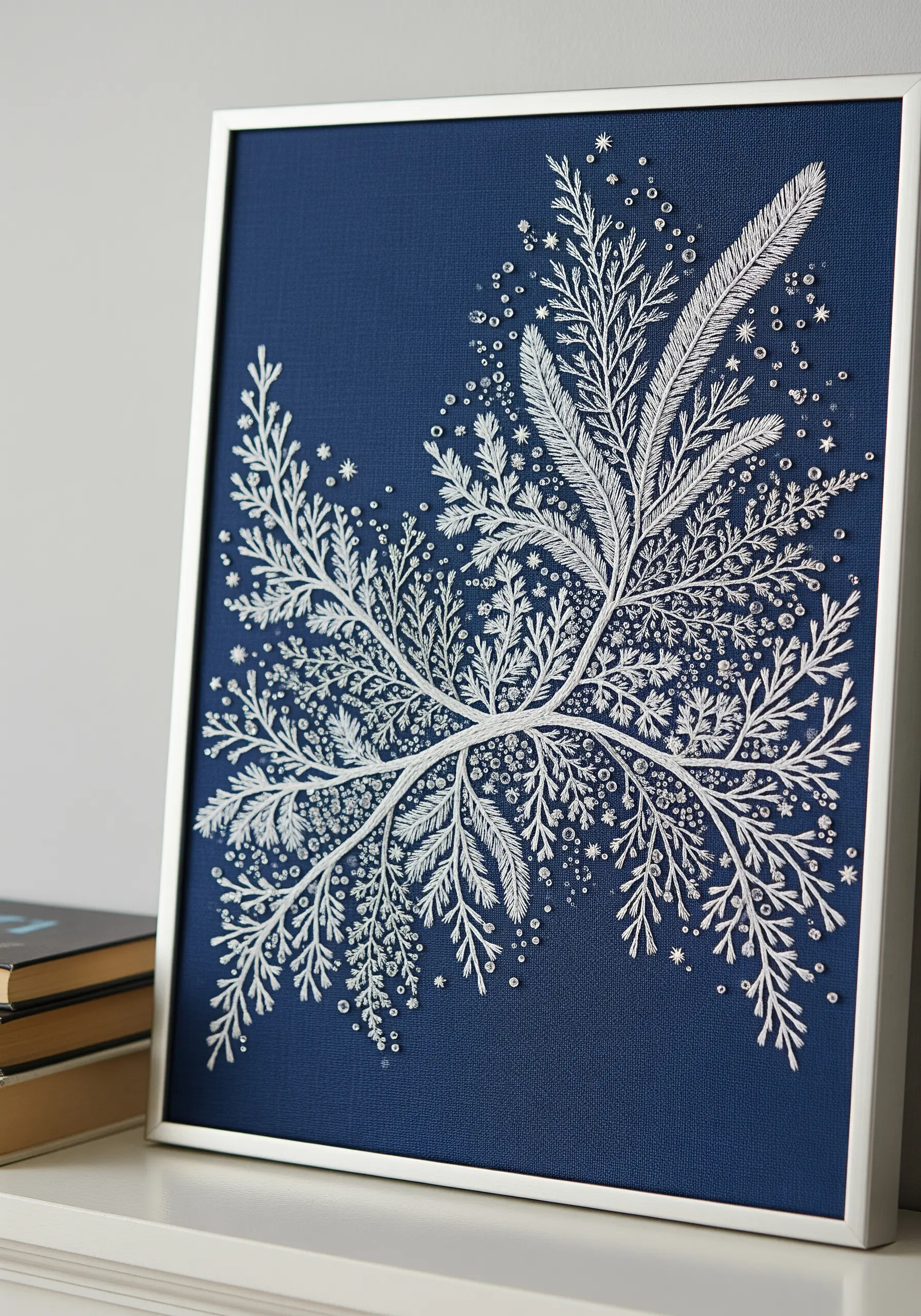 A framed embroidery of a frosty white fern on a dark navy blue background.