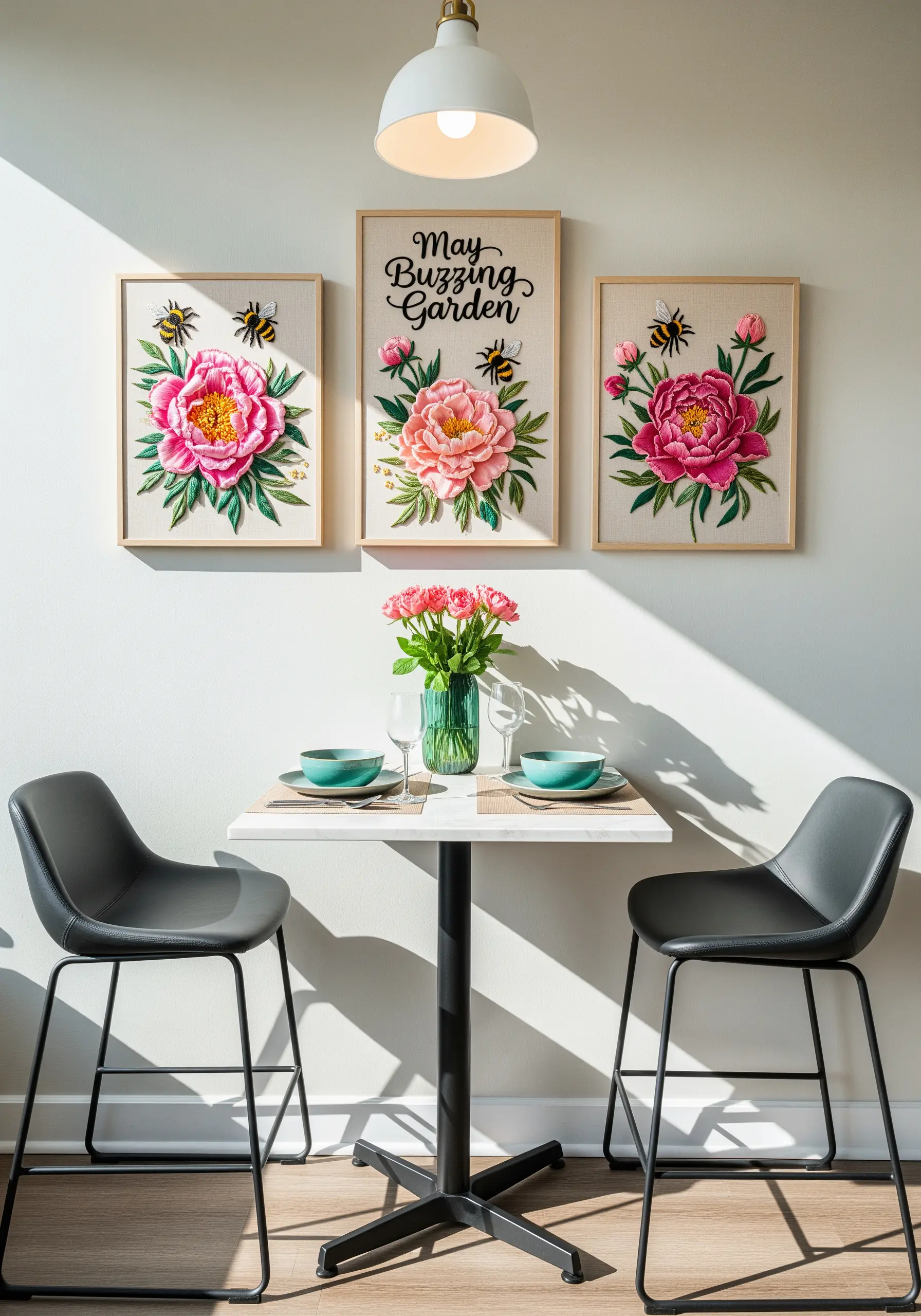 Triptych of embroidered peonies and bees framed in light wood.