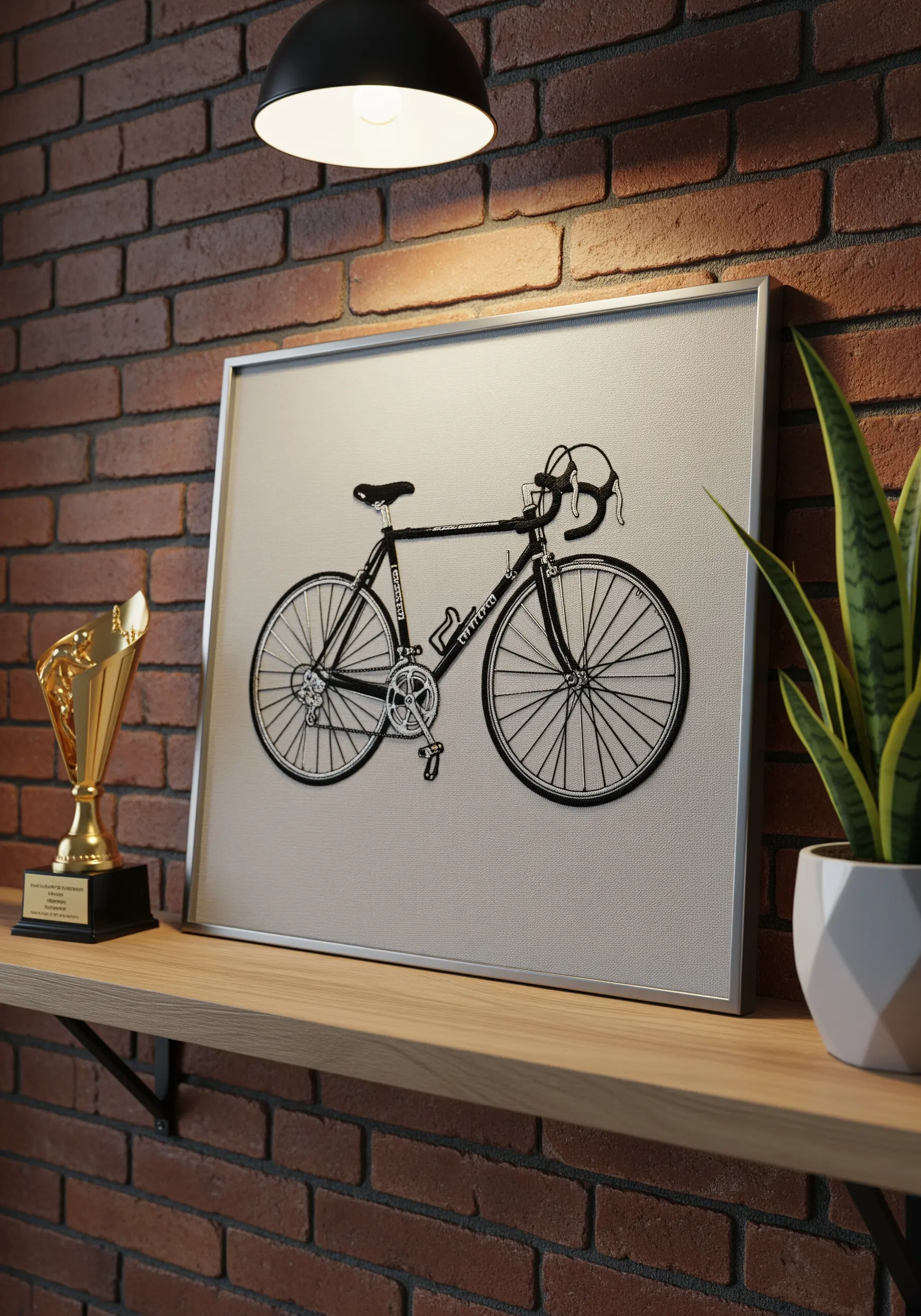 A detailed black line embroidery of a racing bicycle in a minimalist silver frame.