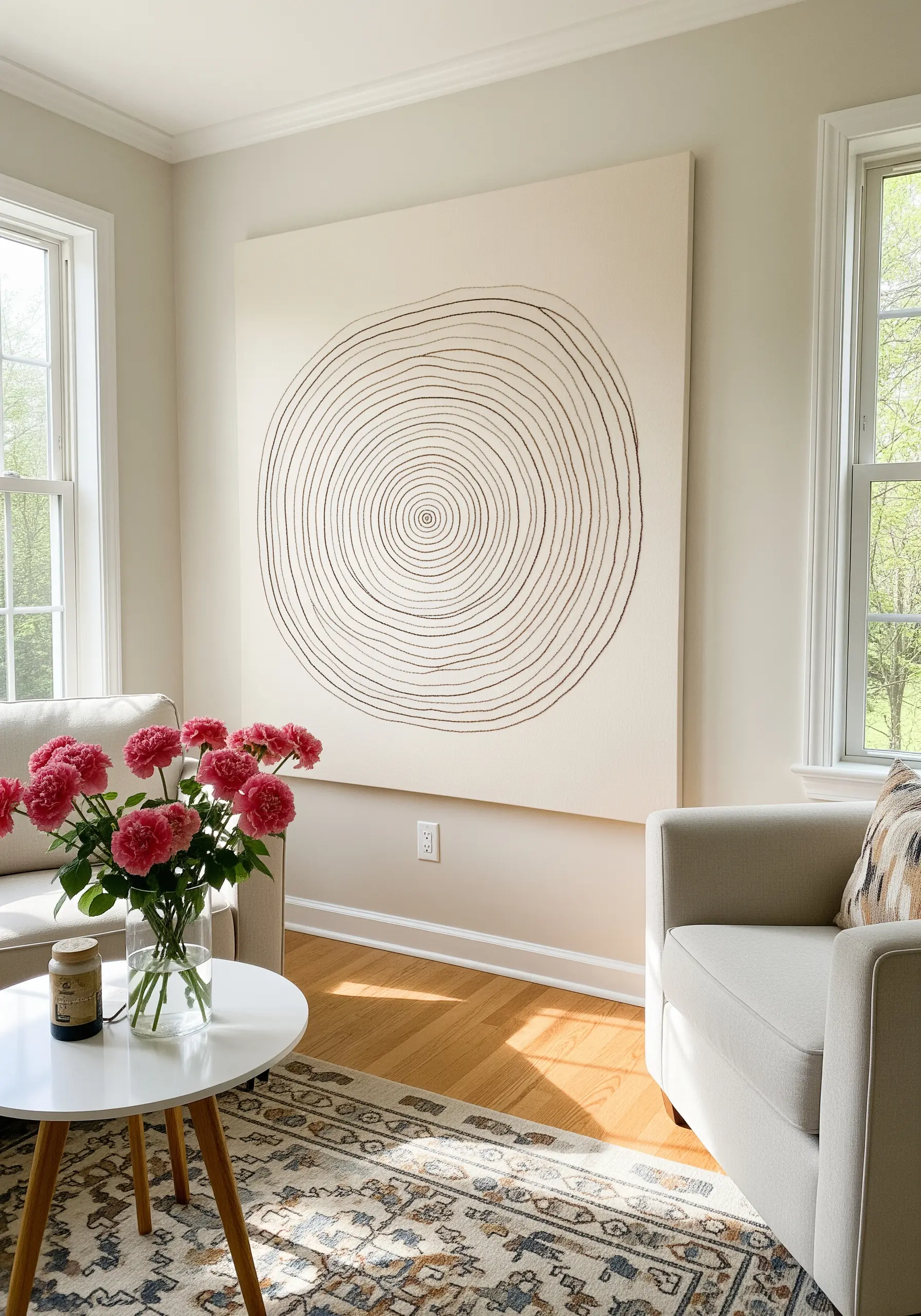 A large square canvas with embroidered concentric circles resembling tree rings.