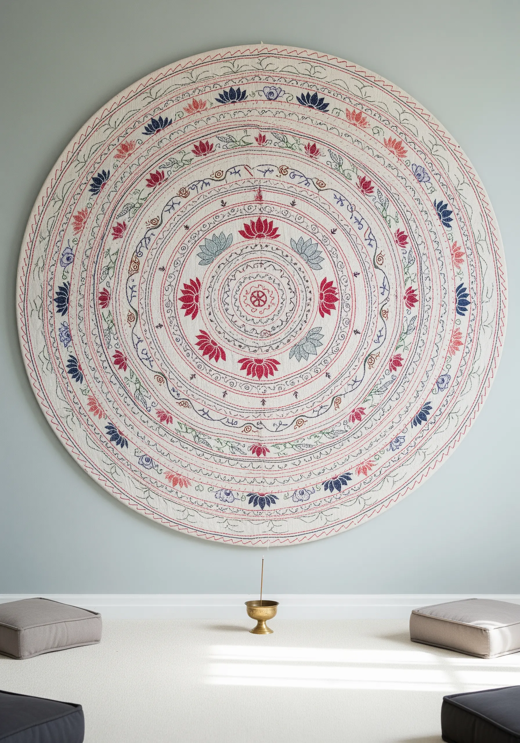 A large, circular Kantha stitch mandala with lotus motifs hanging in a meditation space.
