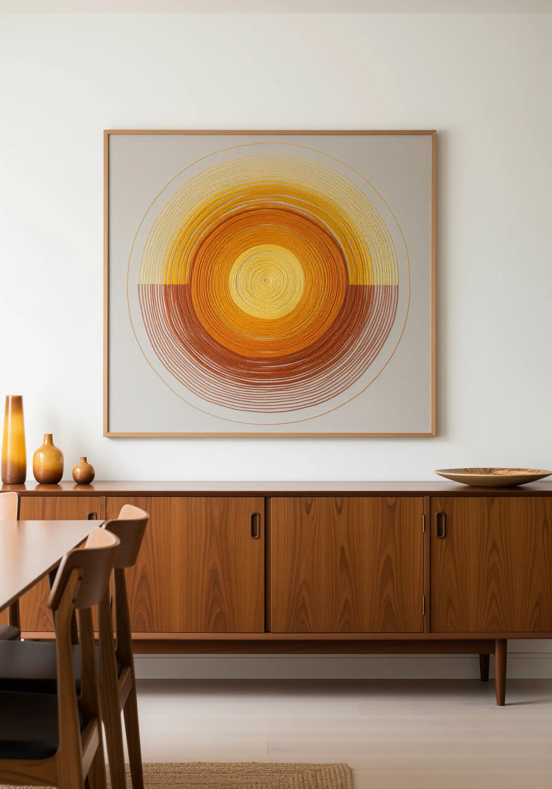 Large, framed wall art with concentric circles of thread in yellow, orange, and rust tones.