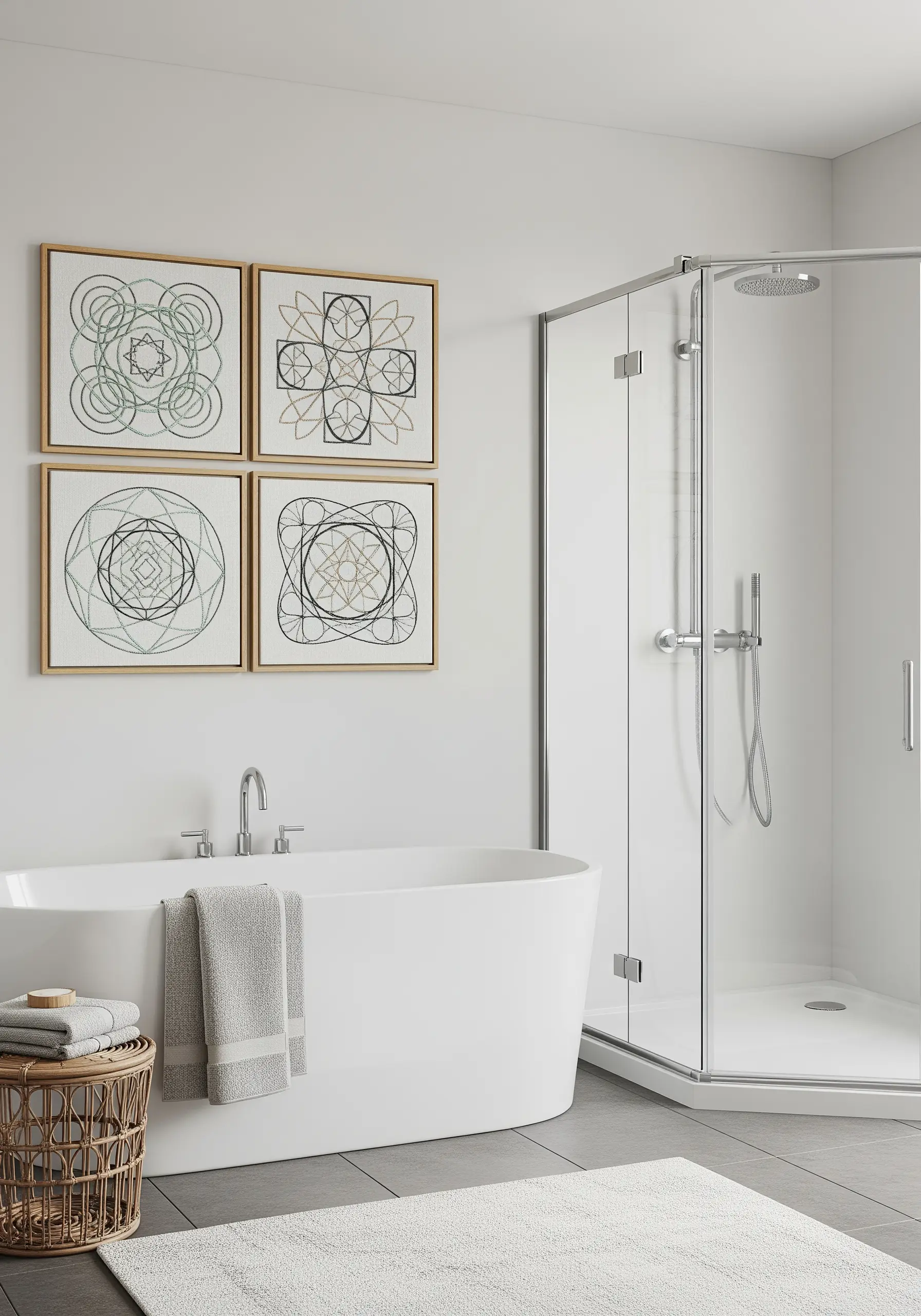 A gallery wall of four framed geometric mandala embroidery pieces in neutral tones.